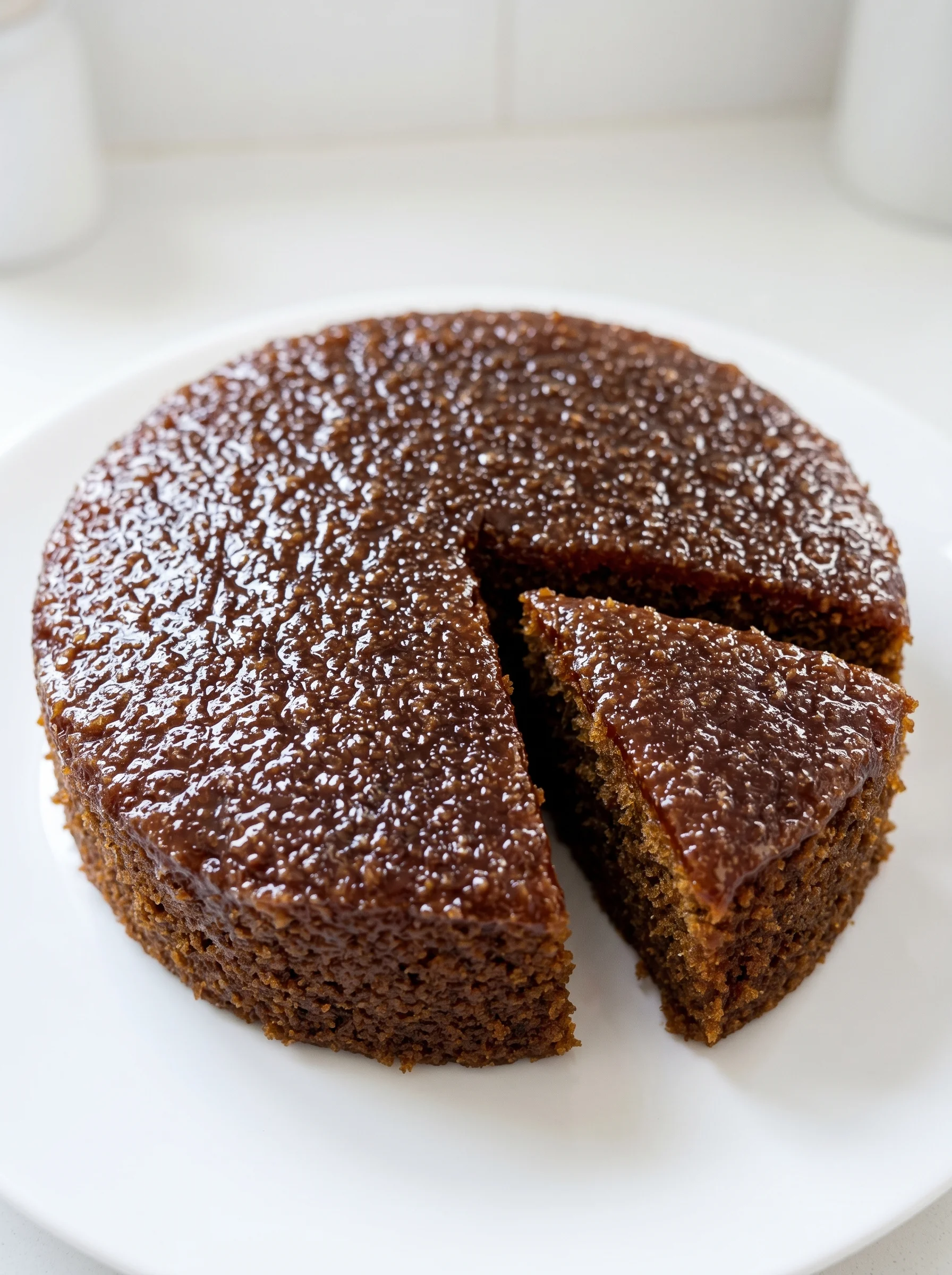 A slice of gingerbread pound cake on a white plate.