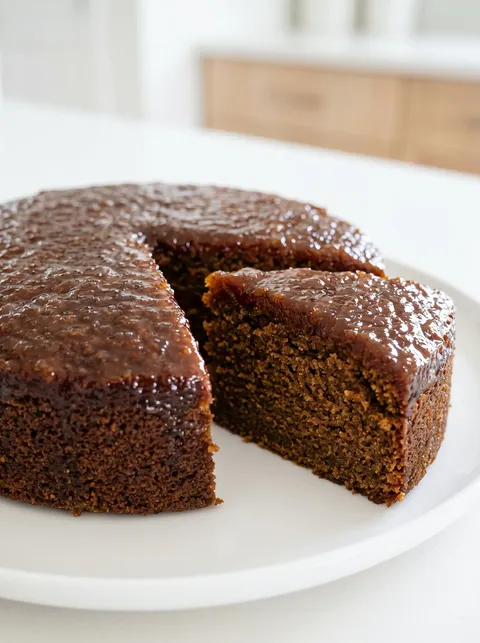 A slice of gingerbread pound cake on a plate.