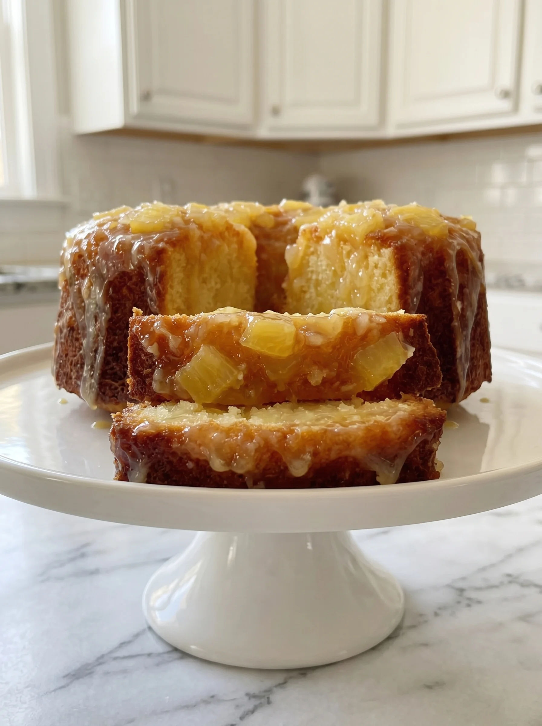 A piece of pineapple pound cake on a plate.