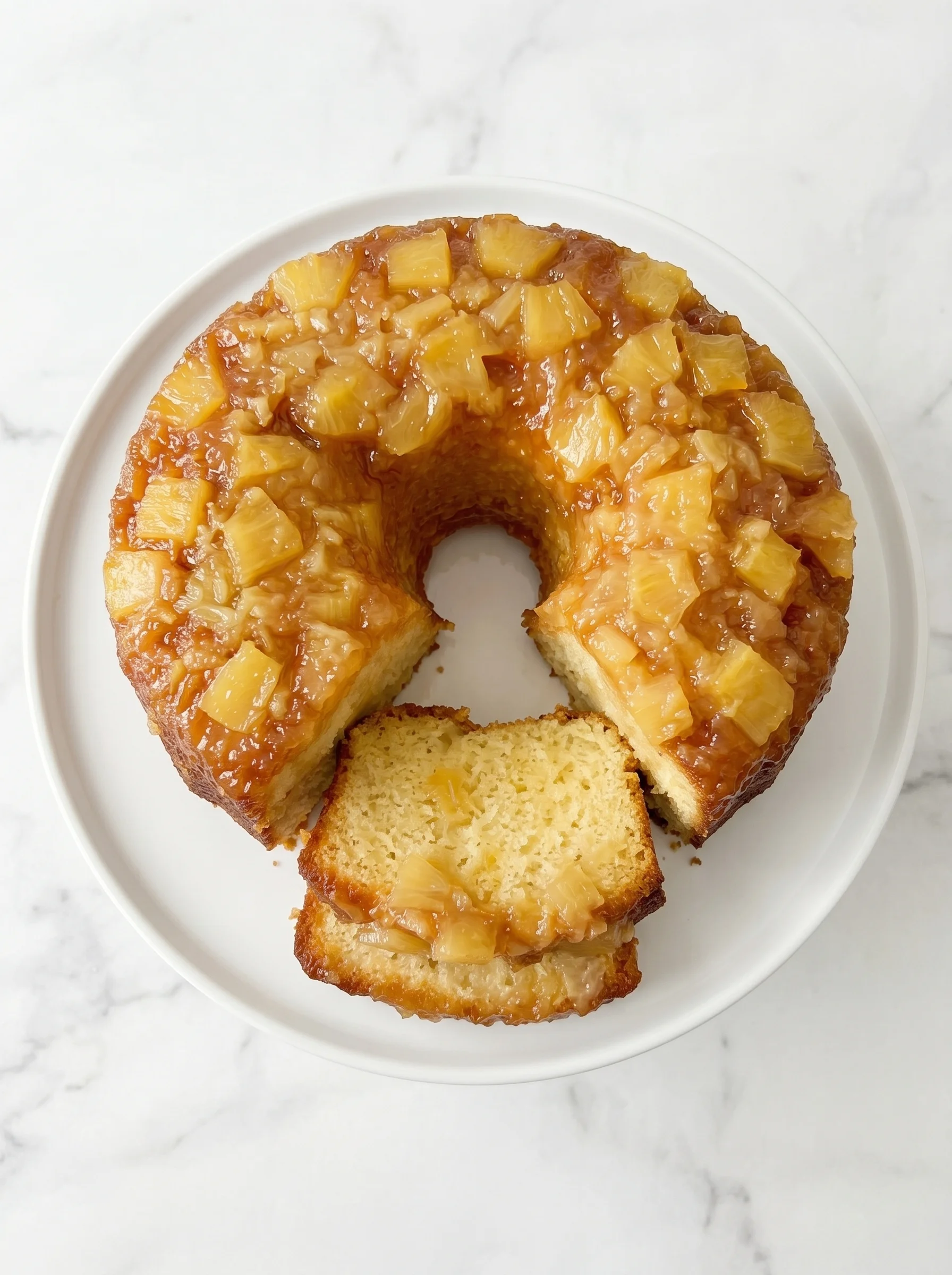 A slice of pineapple pound cake on a plate.