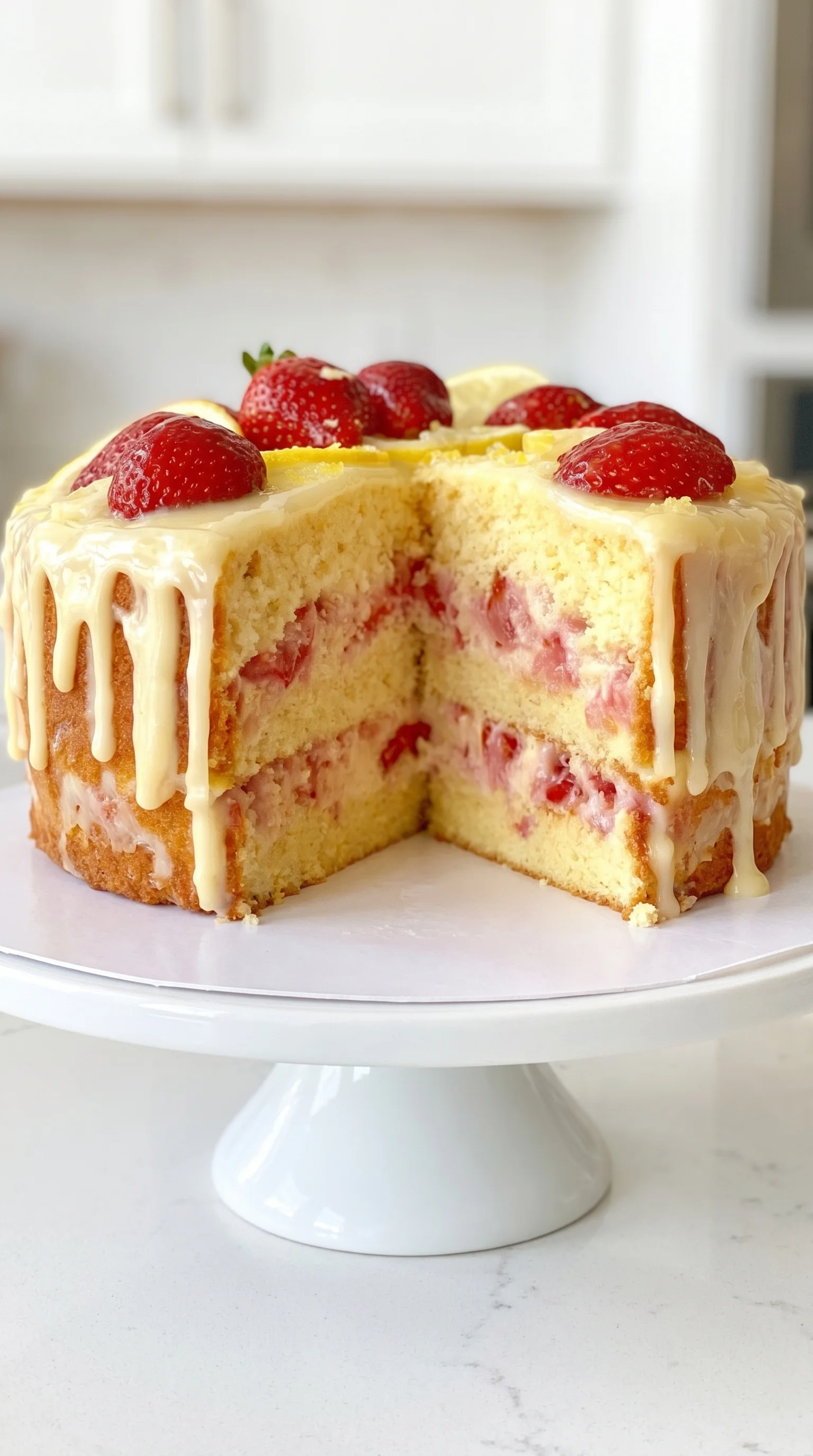 A piece of a strawberry lemonade buttermilk cake.