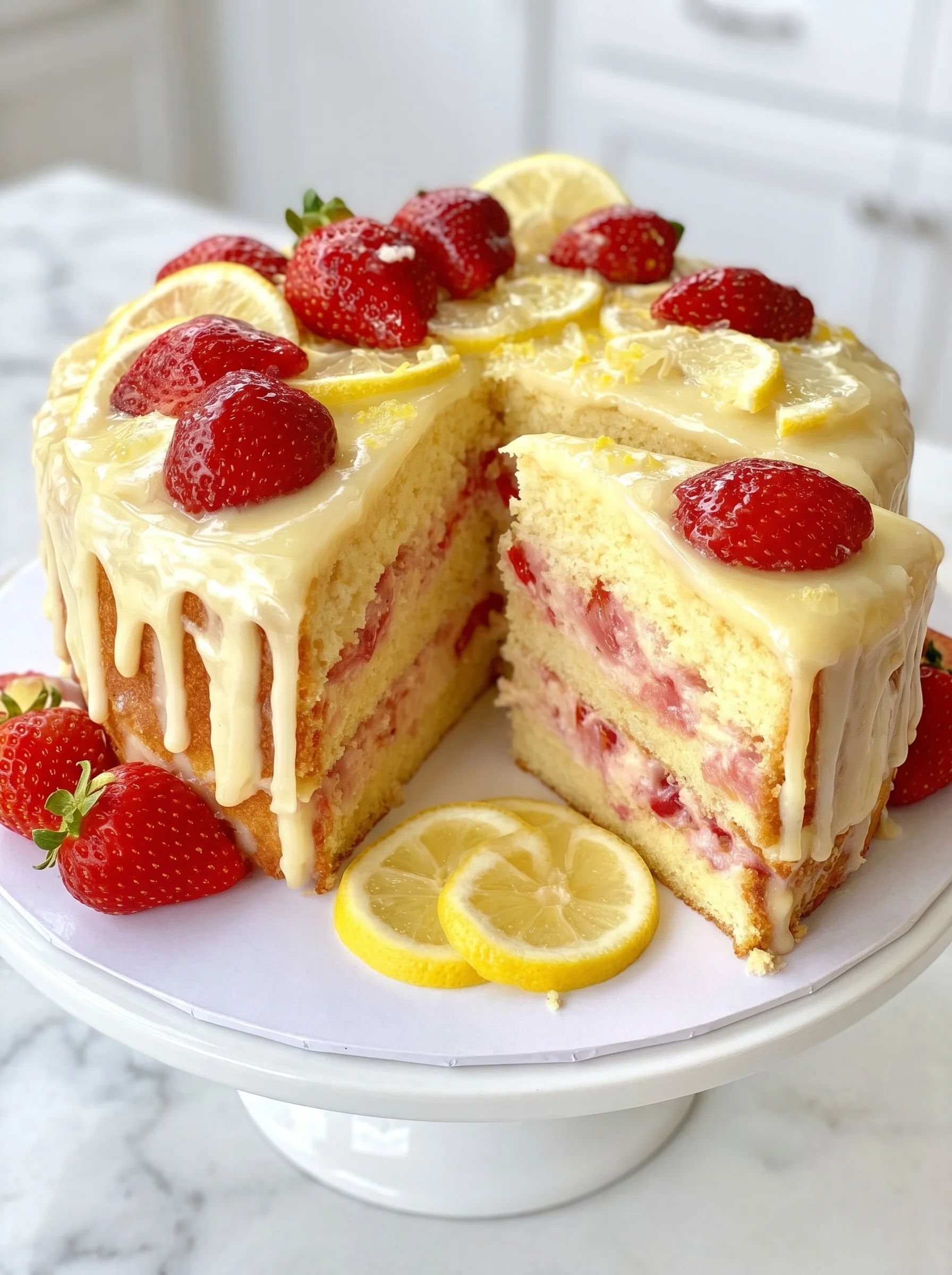 A slice of strawberry lemonade buttermilk cake.
