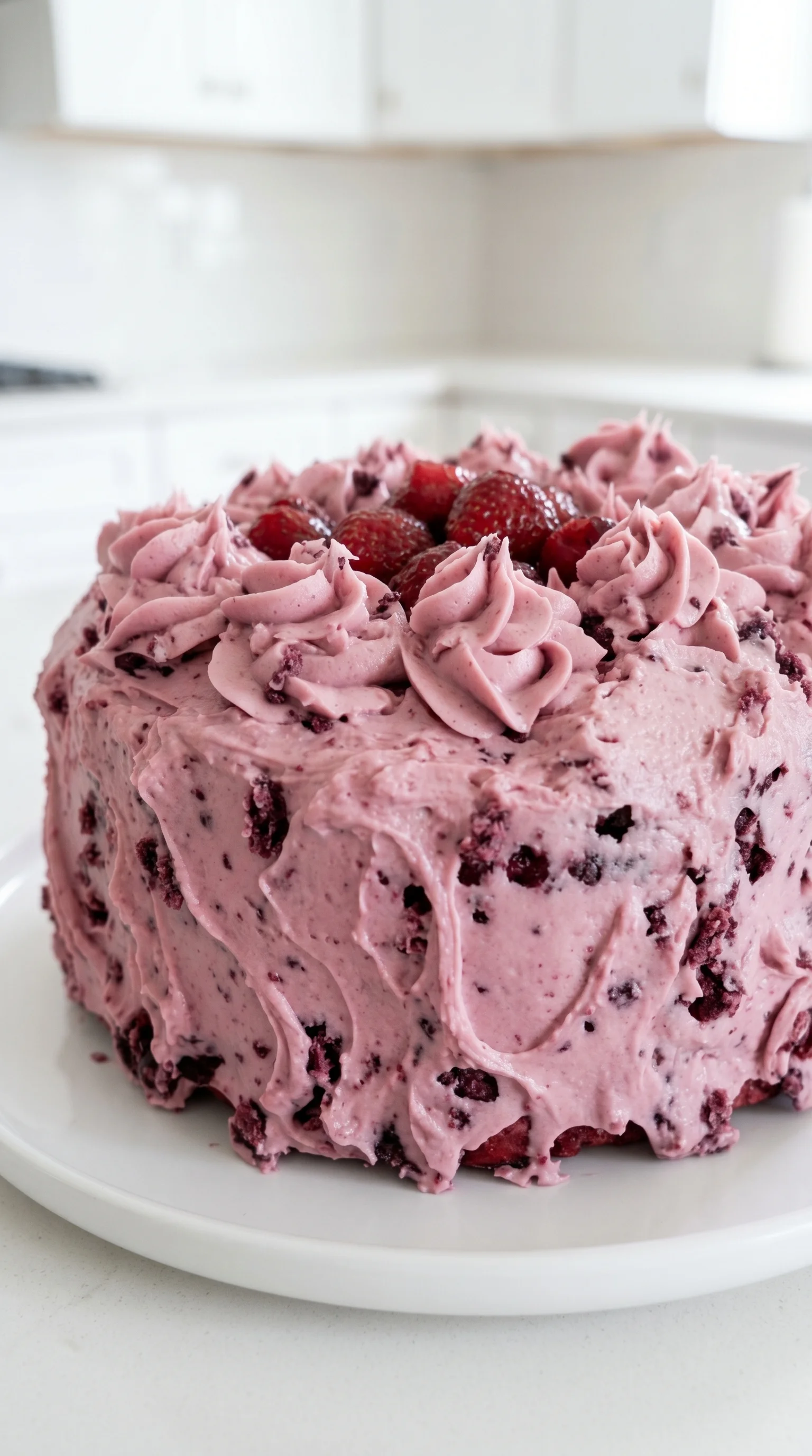 A piece of pink cake with strawberries on top.
