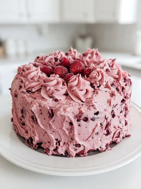 A slice of pink cake with strawberries on top.