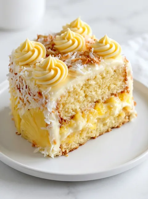A slice of pineapple coconut dream cake.
