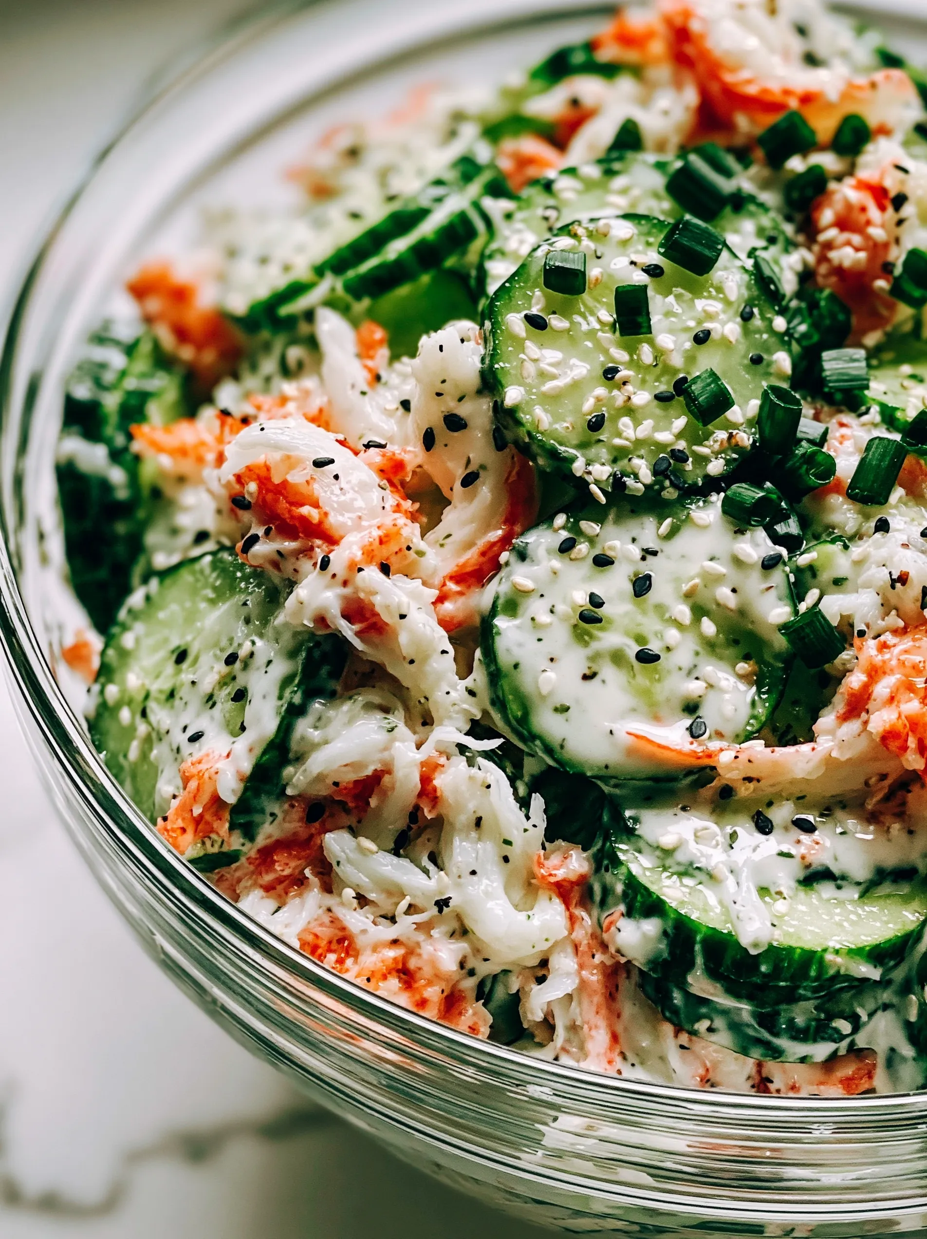 A bowl of cucumber salad with cucumber, red onion, and crab meat.