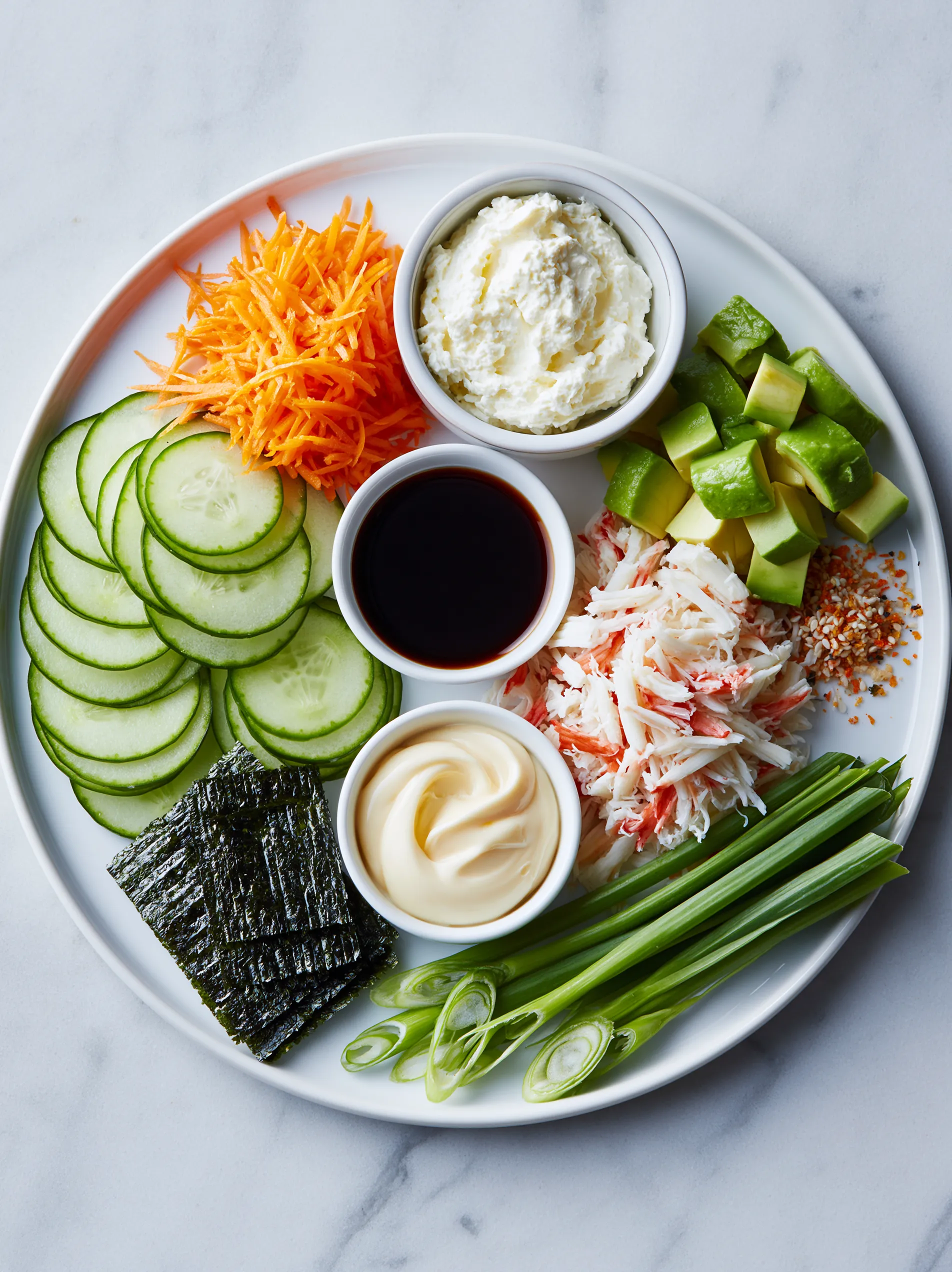 A plate of food with a California Roll Cucumber Salad.