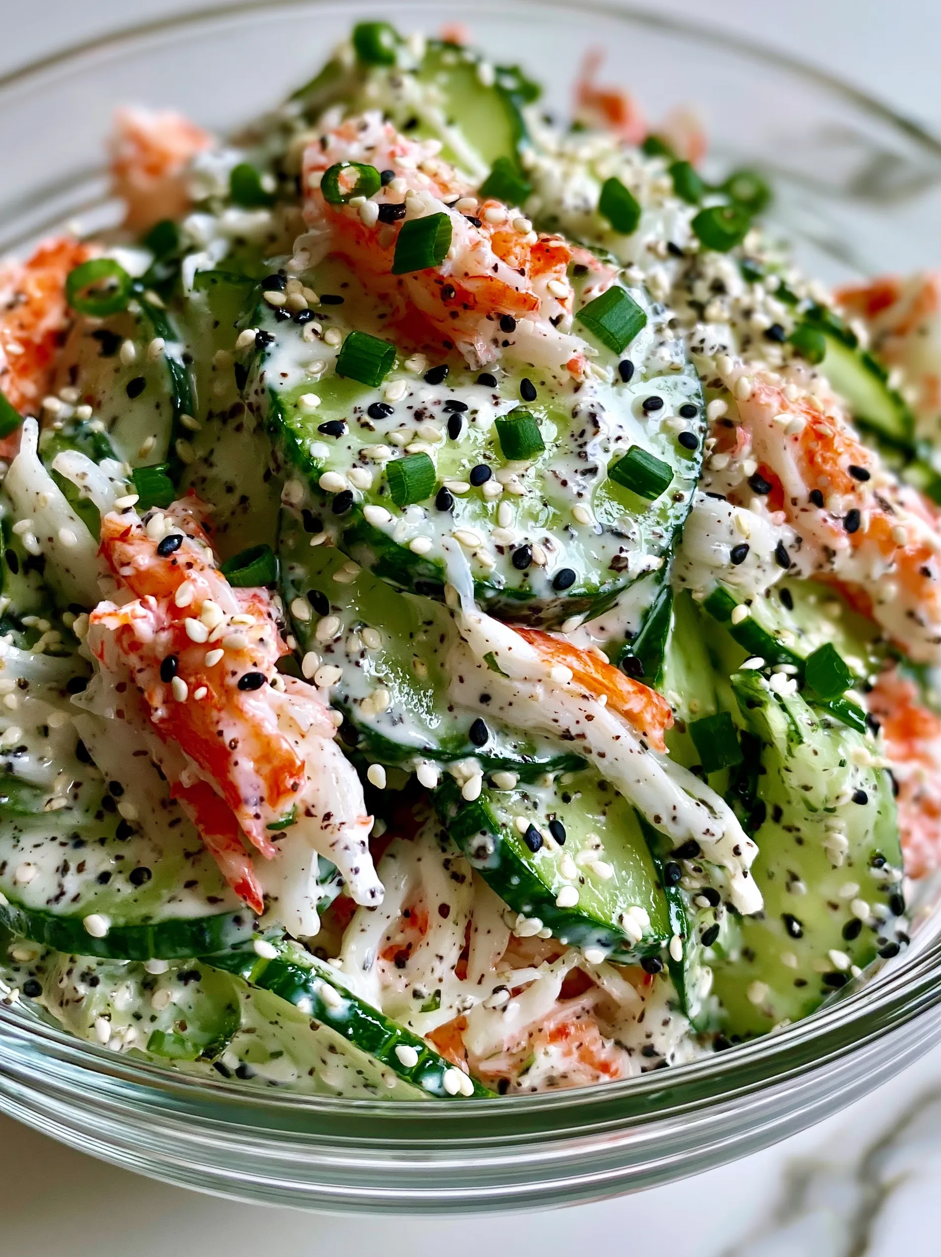 A close up of a California Roll Cucumber Salad.