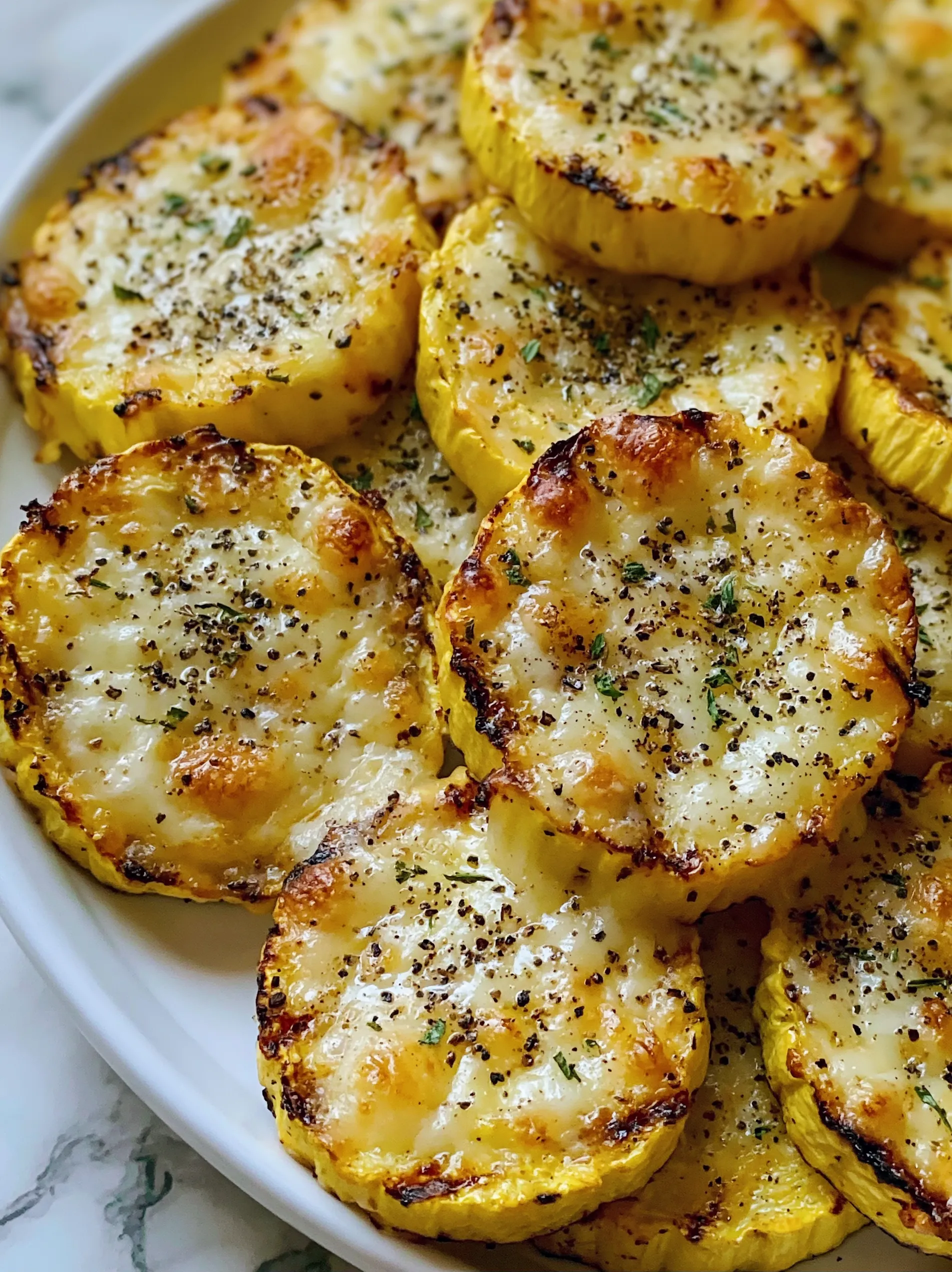 Cheesy baked squash rounds in a white bowl.