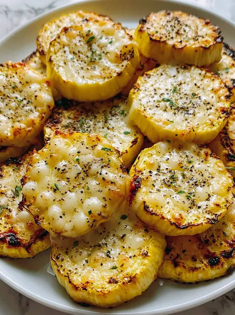 Cheesy baked squash rounds on a plate.