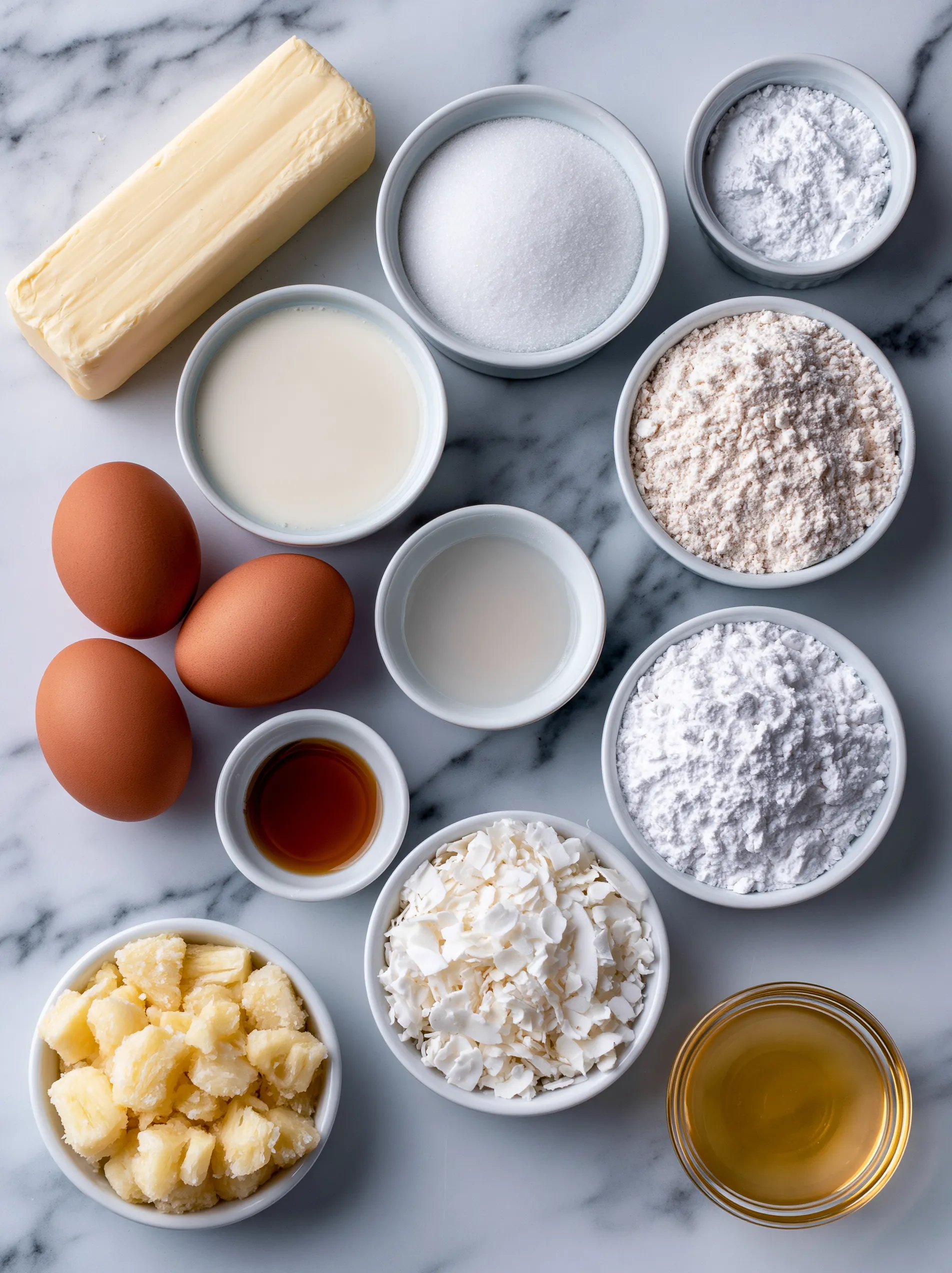 A variety of ingredients for a pina colada pound cake.