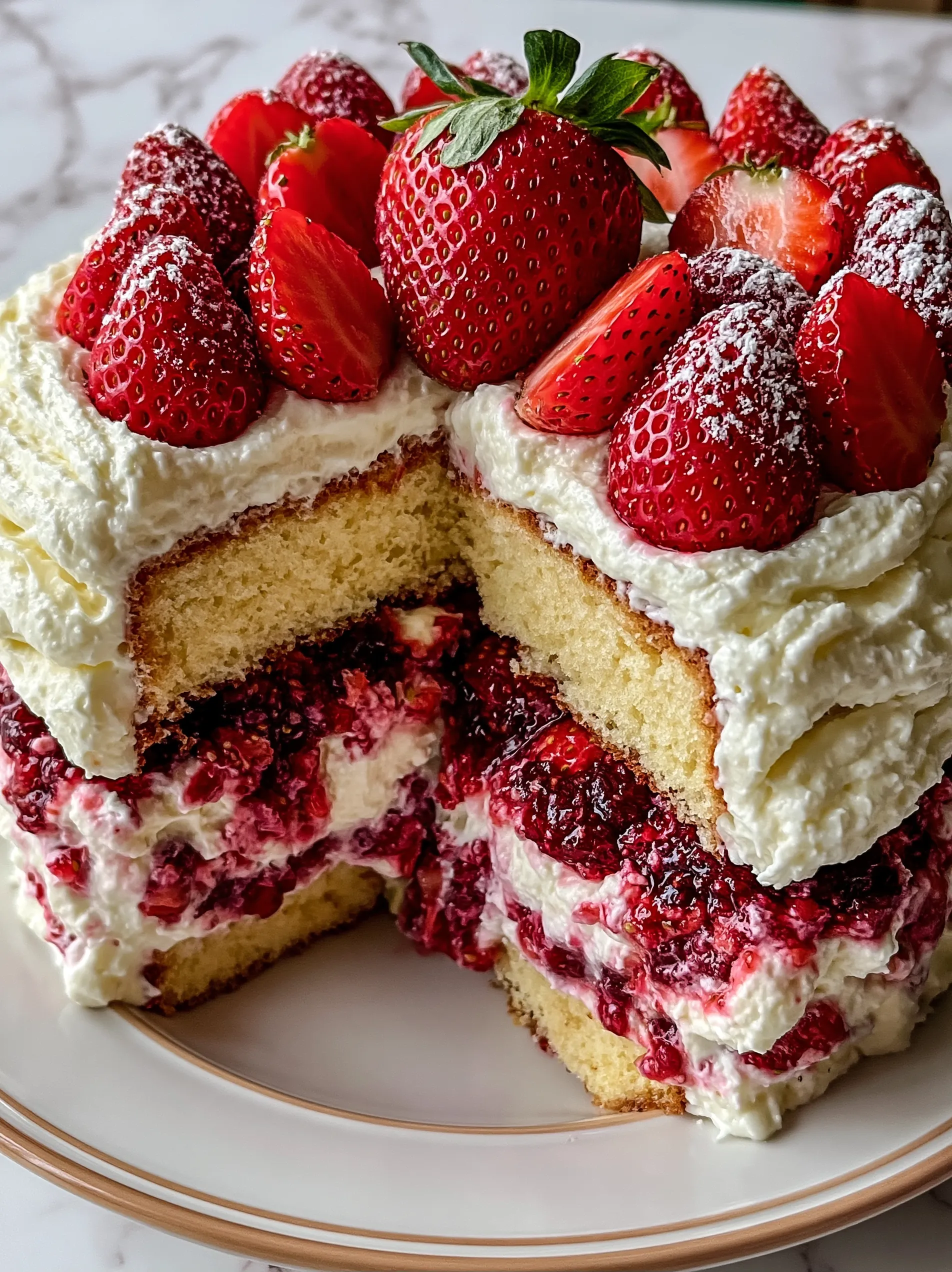 A piece of strawberry tres leches cake.