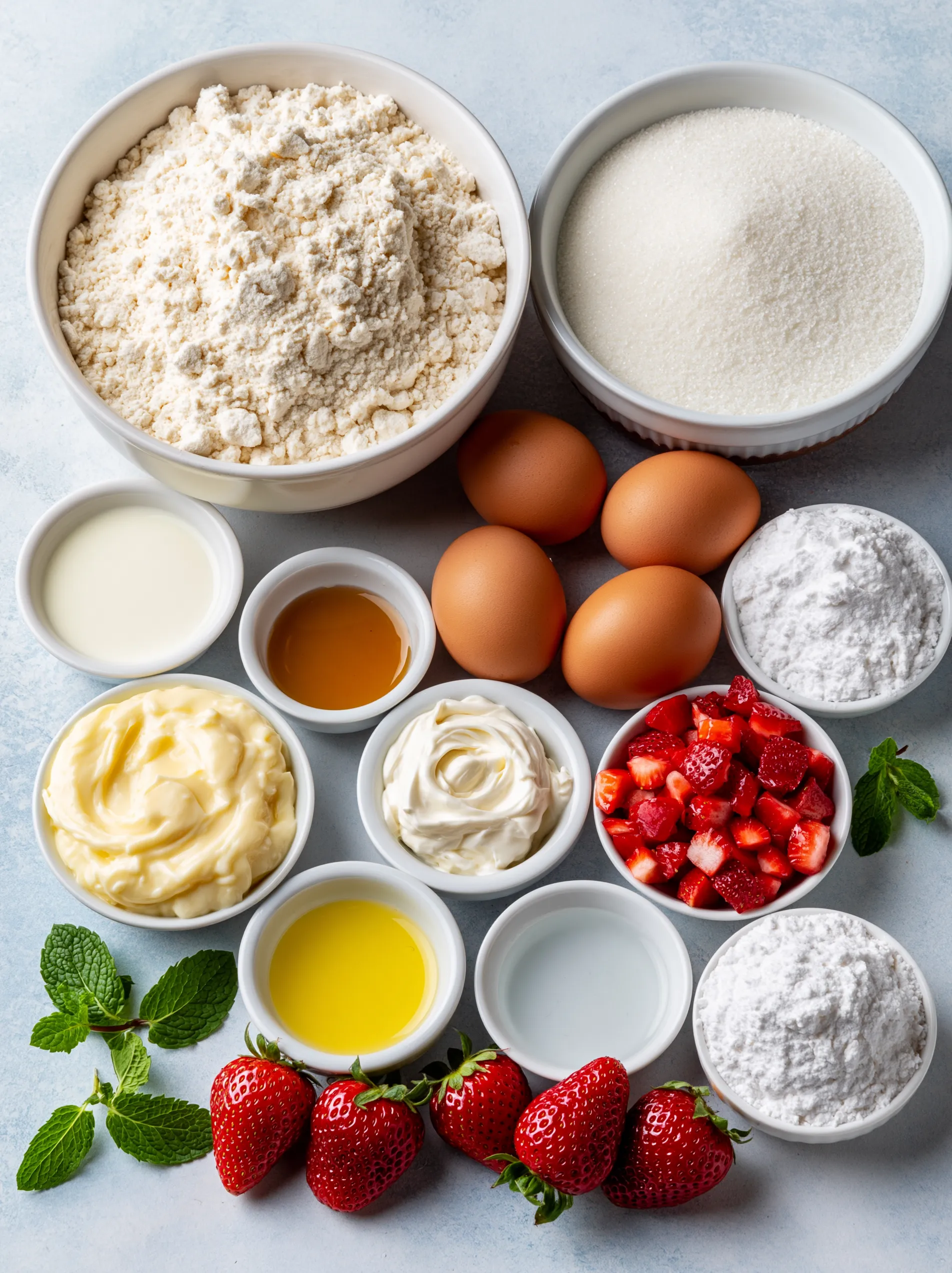 A bowl of flour and eggs for making a strawberry tres leches cake.