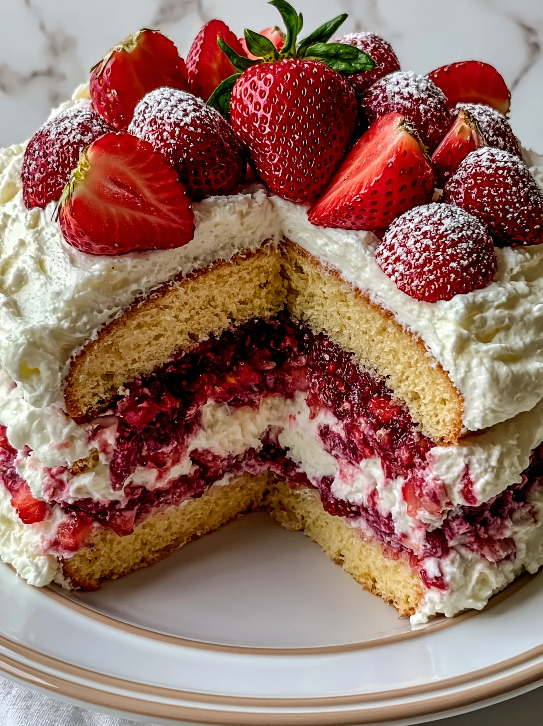 A slice of strawberry tres leches cake.