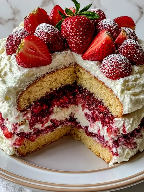 A slice of strawberry tres leches cake.