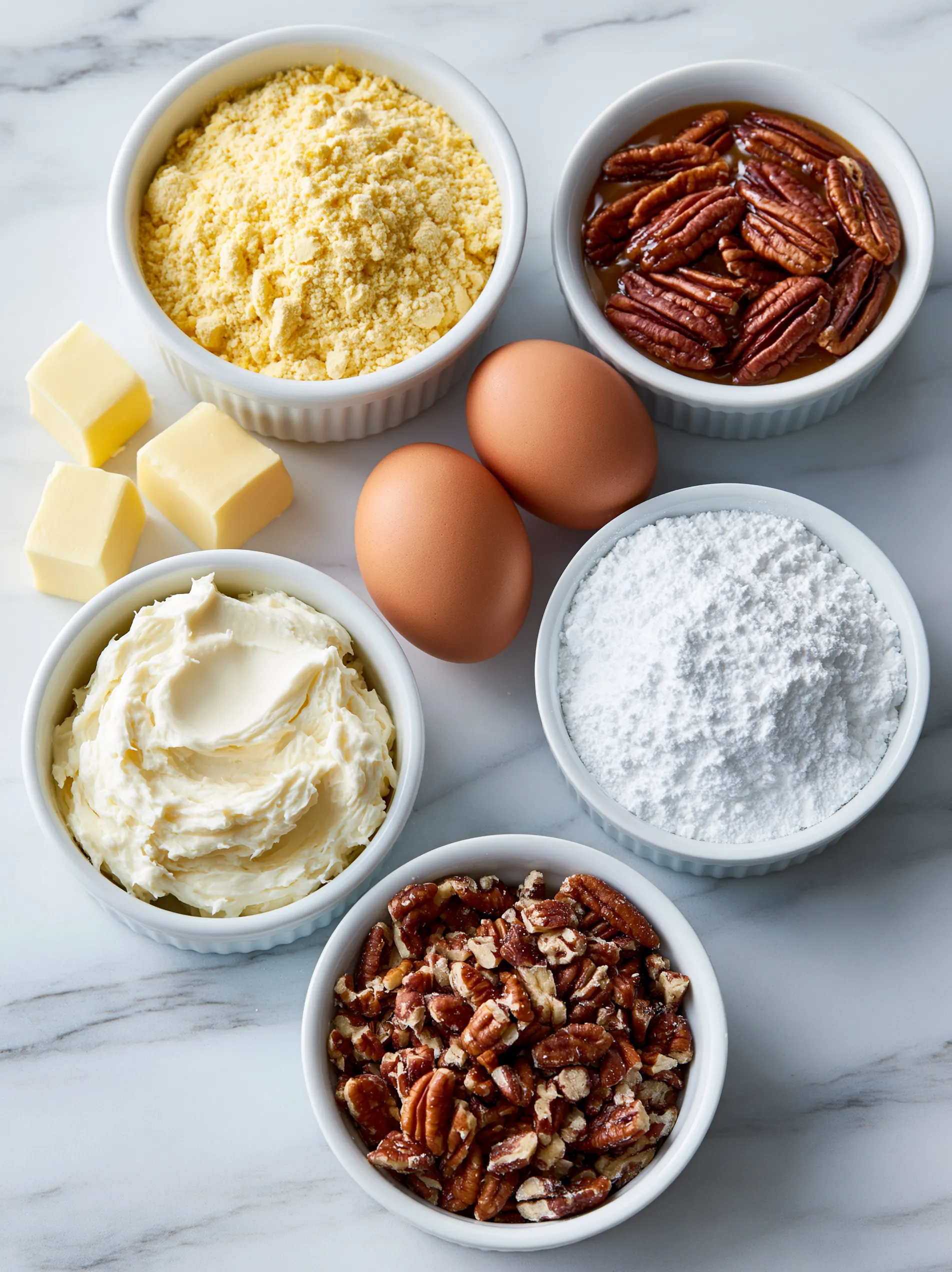 A bowl of butter and a bowl of pecans.