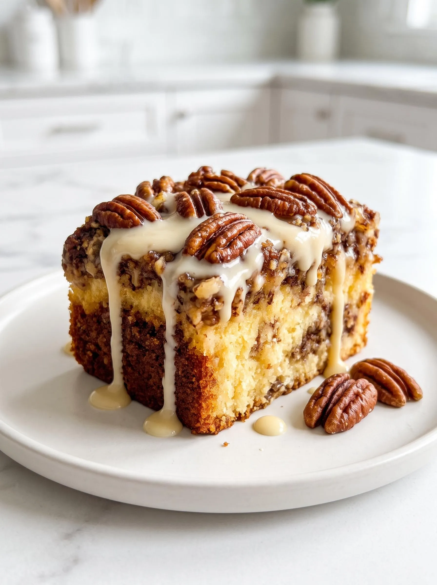 A slice of gooey butter pecan cake.
