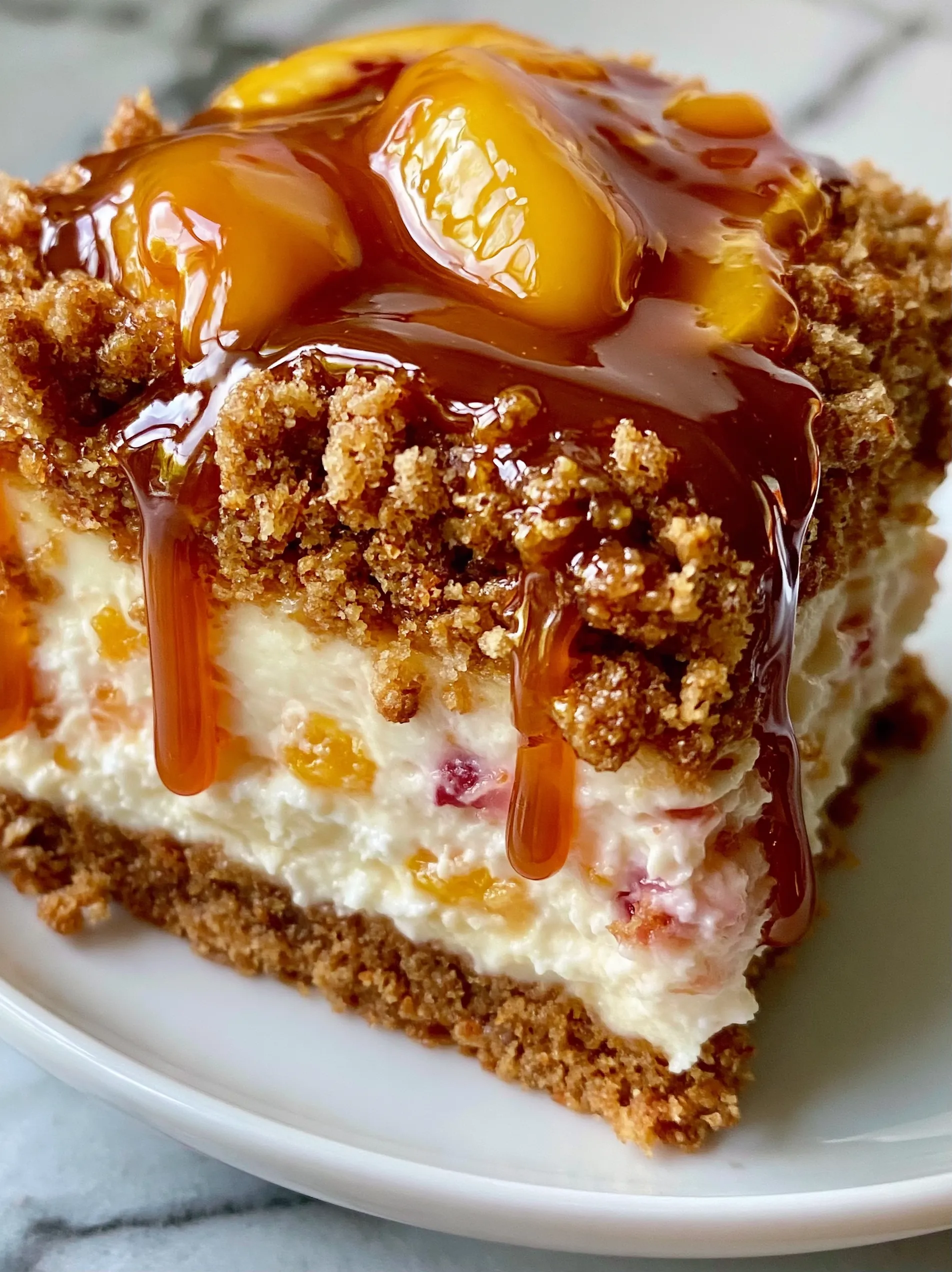 A slice of peach cobbler cheesecake.