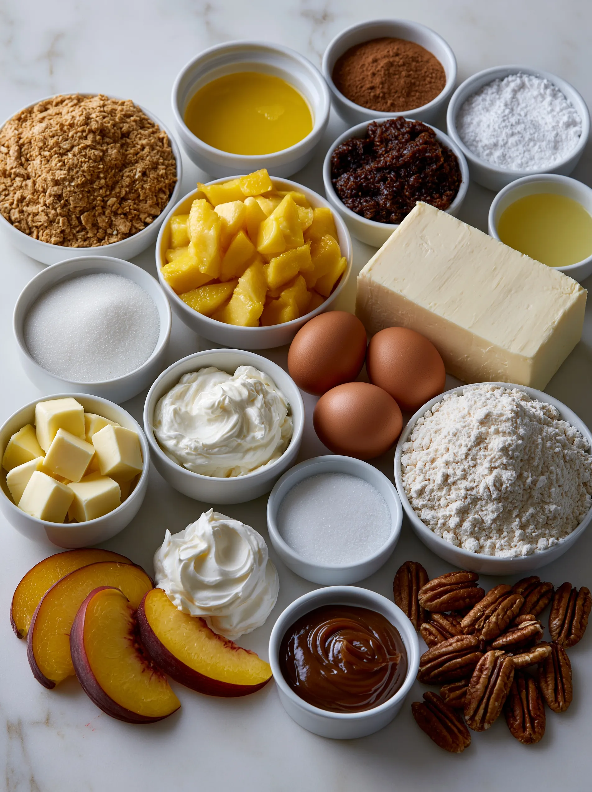 A variety of ingredients for a peach cobbler cheesecake.