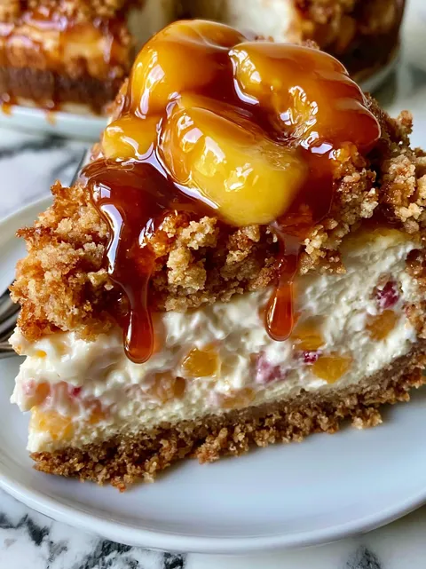 A slice of peach cobbler cheesecake with caramel drizzle.