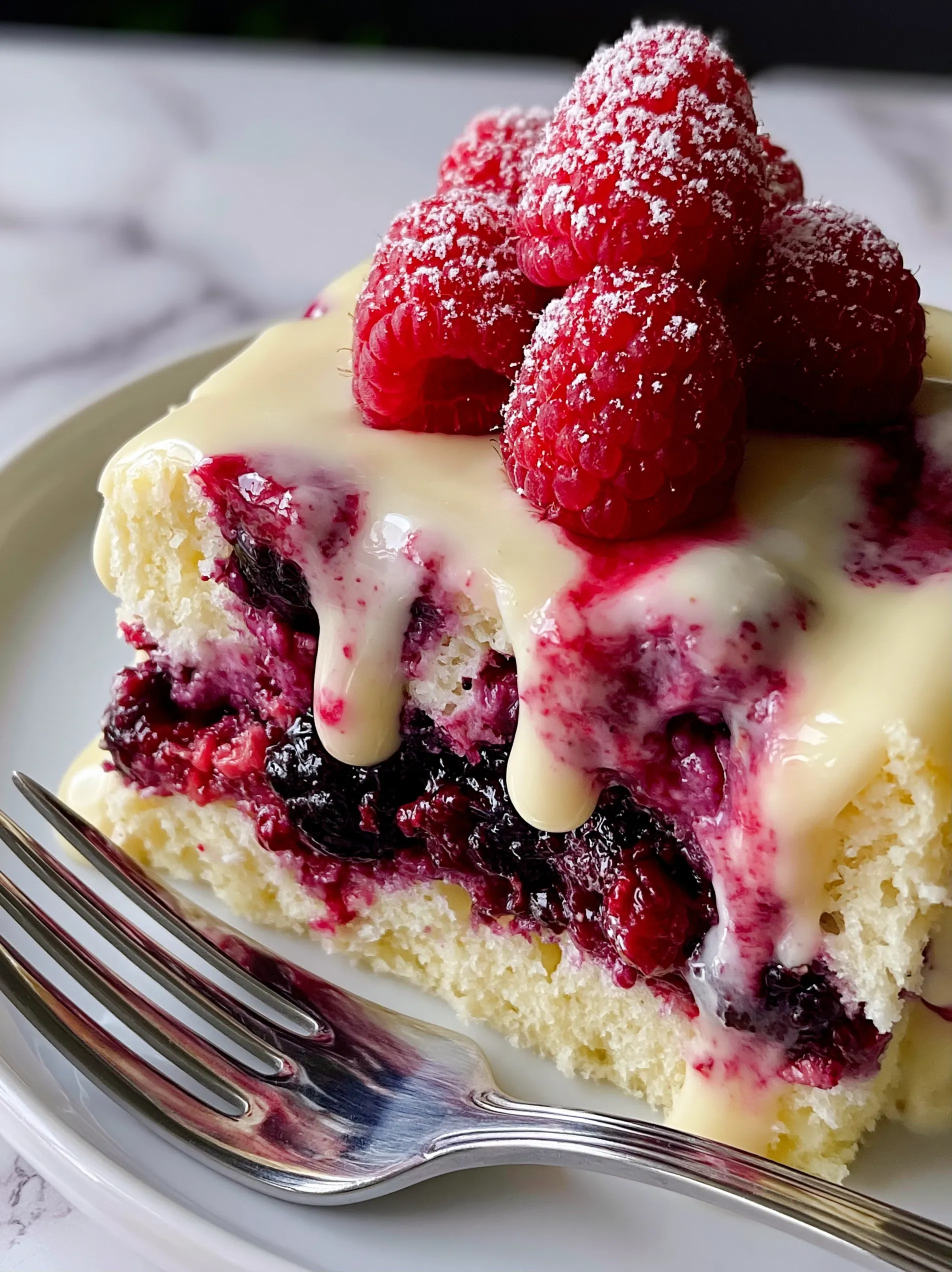 A piece of white chocolate raspberry cake.