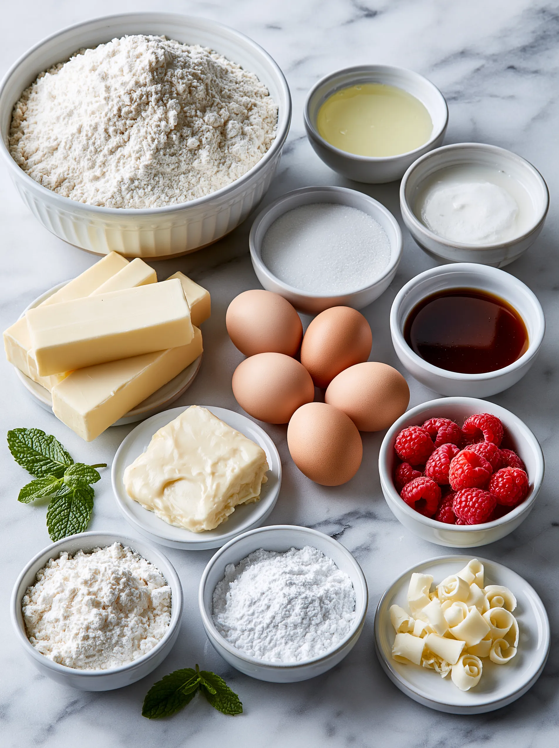 A variety of ingredients for a white chocolate raspberry cake.