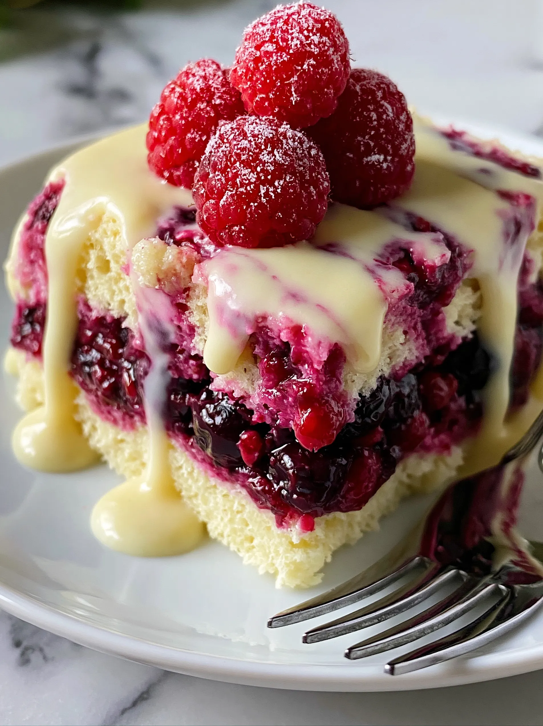 A slice of white chocolate raspberry cake.