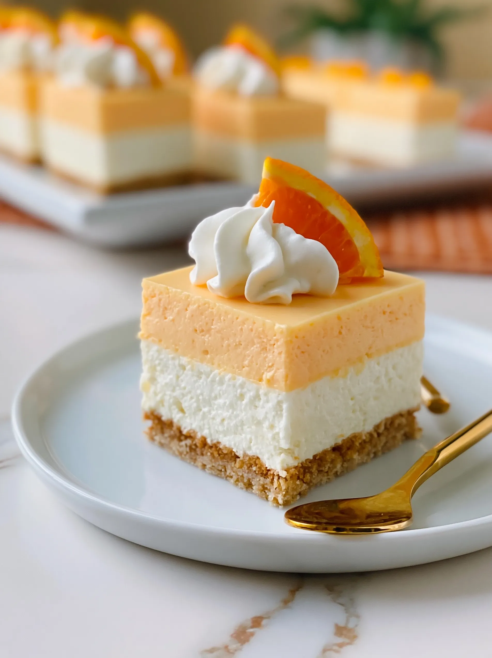 A piece of orange creamsicle bars with a white whipped cream topping.