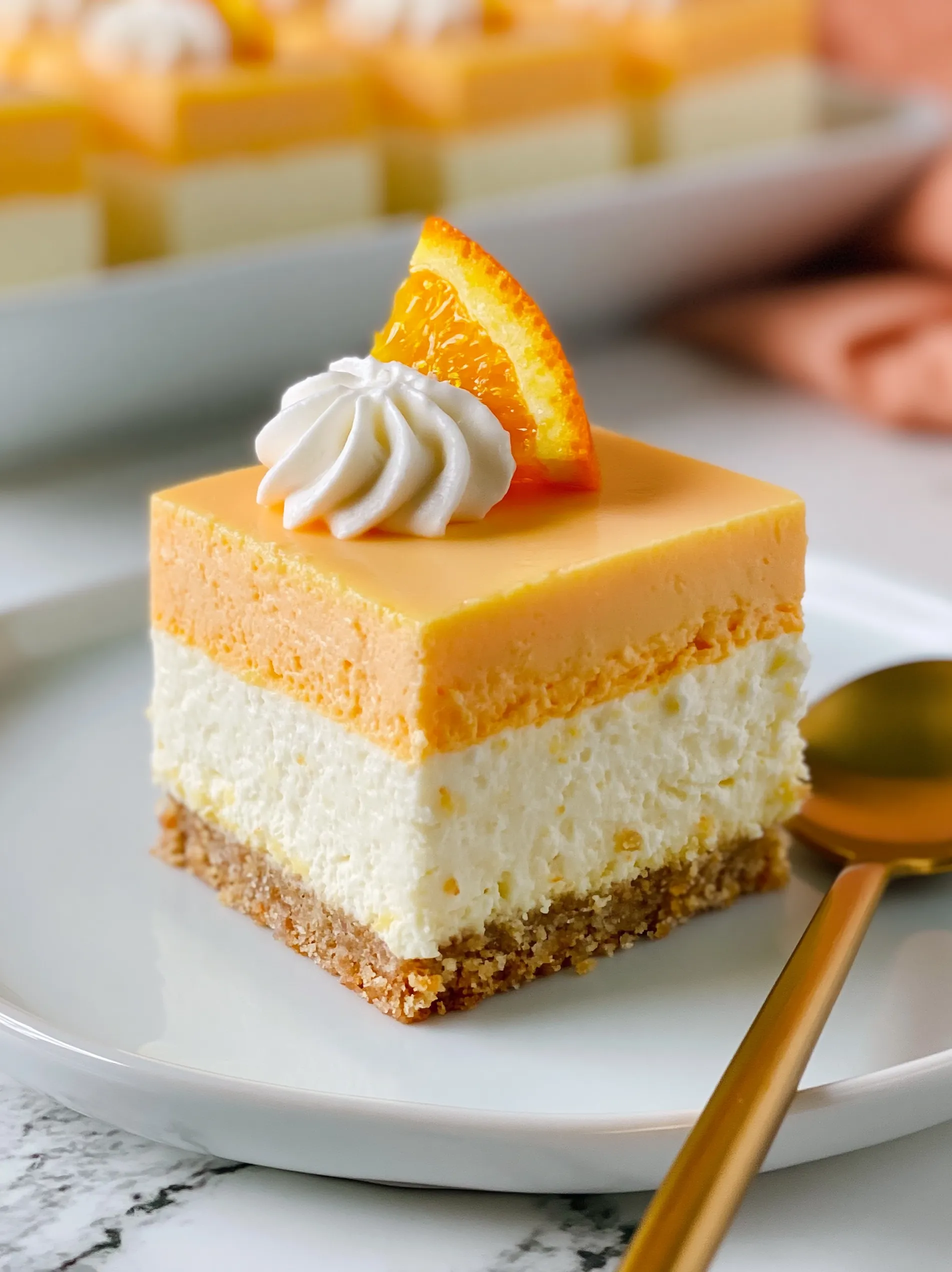 A slice of orange creamsicle bars with a white whipped cream topping.