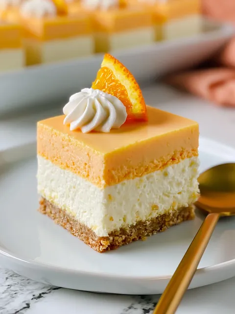 A slice of orange creamsicle bars with a white whipped cream topping.