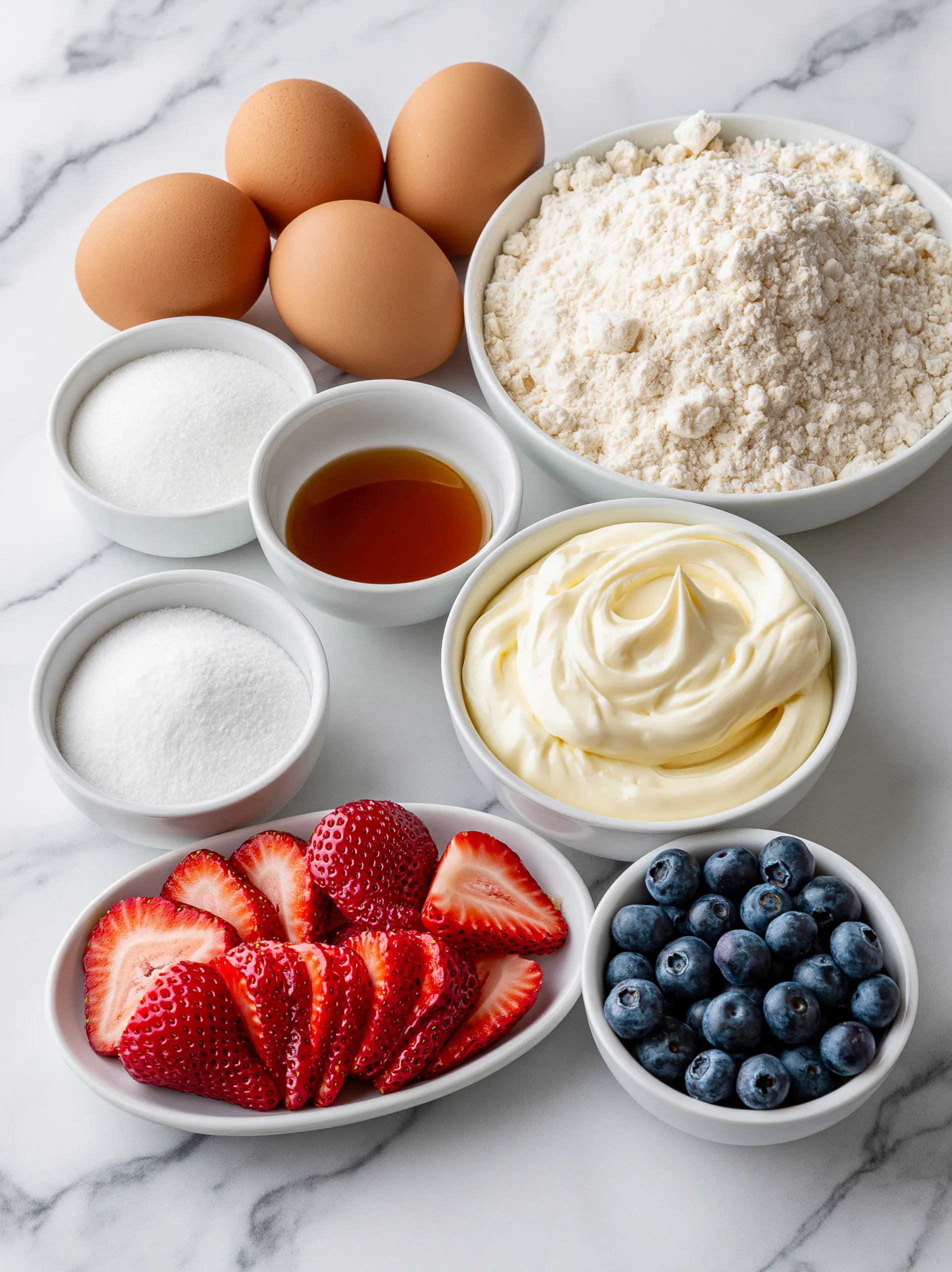 A bowl of whipped cream and a bowl of strawberries.