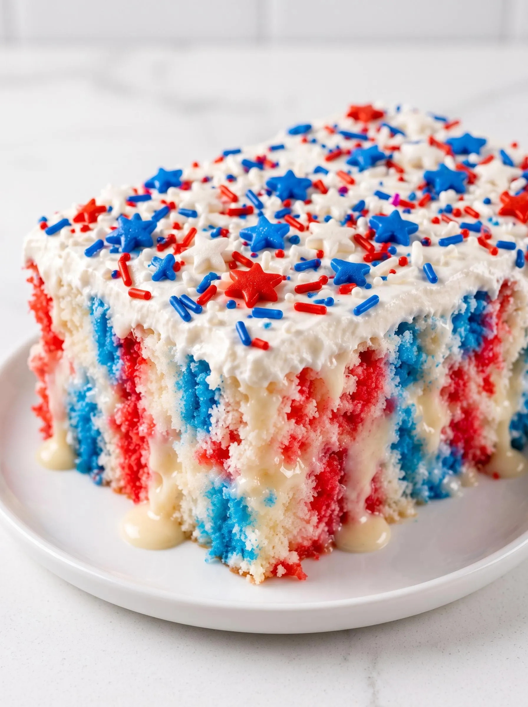 A piece of 4th of July Poke Cake.
