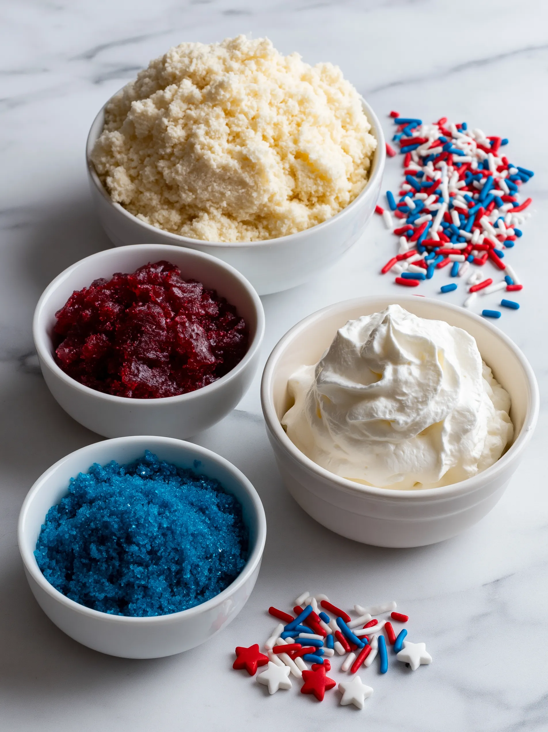 Four bowls of food on a table, one of which is blue.