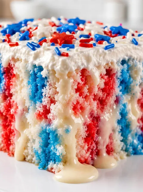 A slice of a 4th of July poke cake.