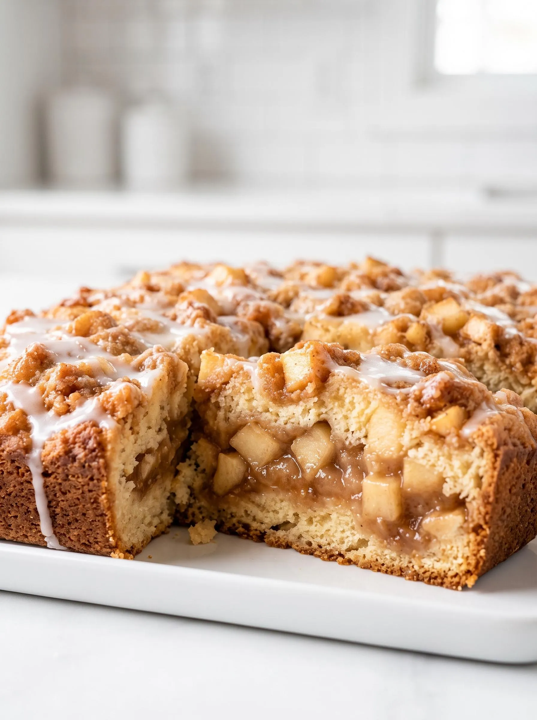 A slice of apple pie filling coffee cake.