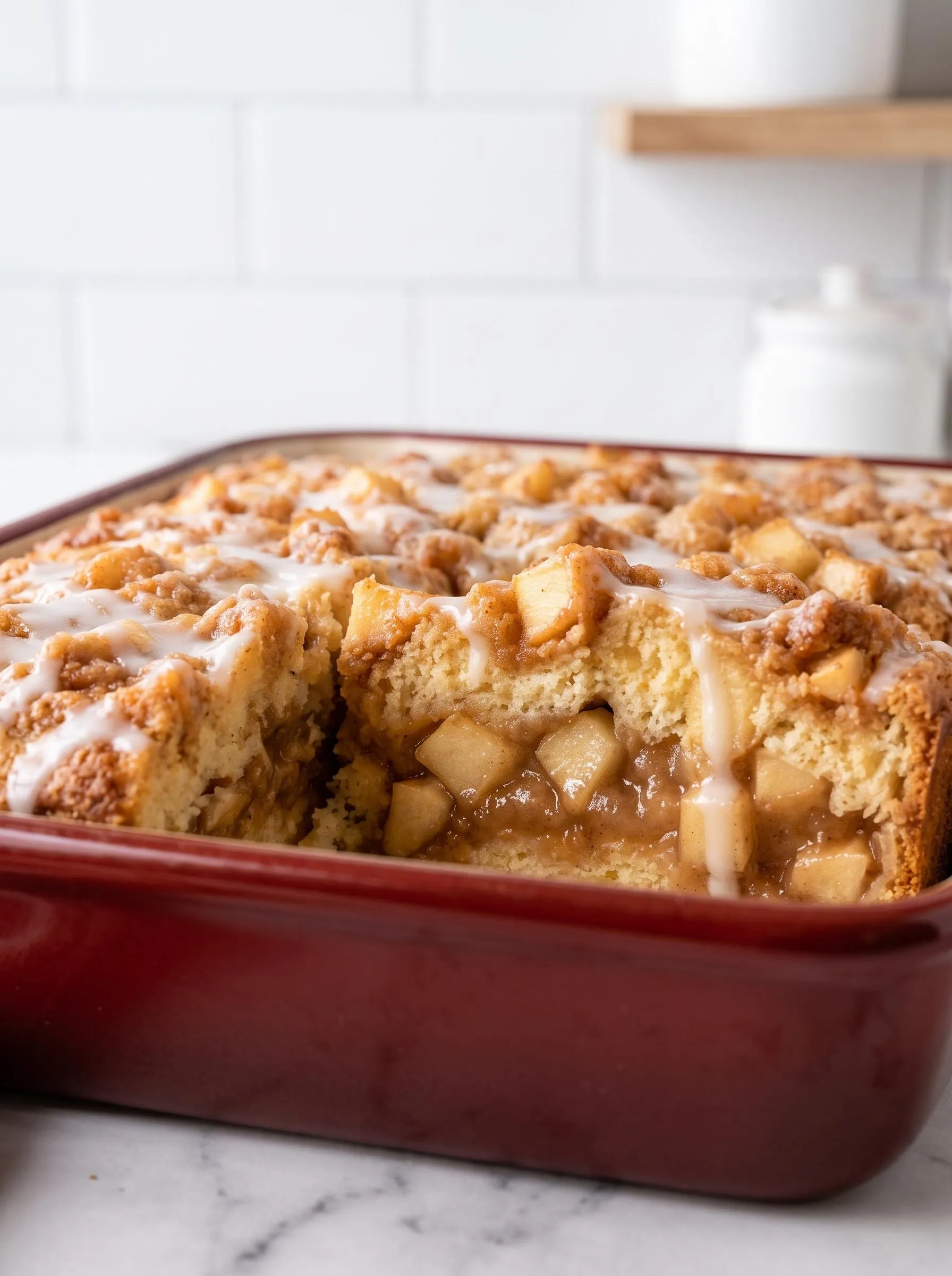 A piece of apple pie filling coffee cake.