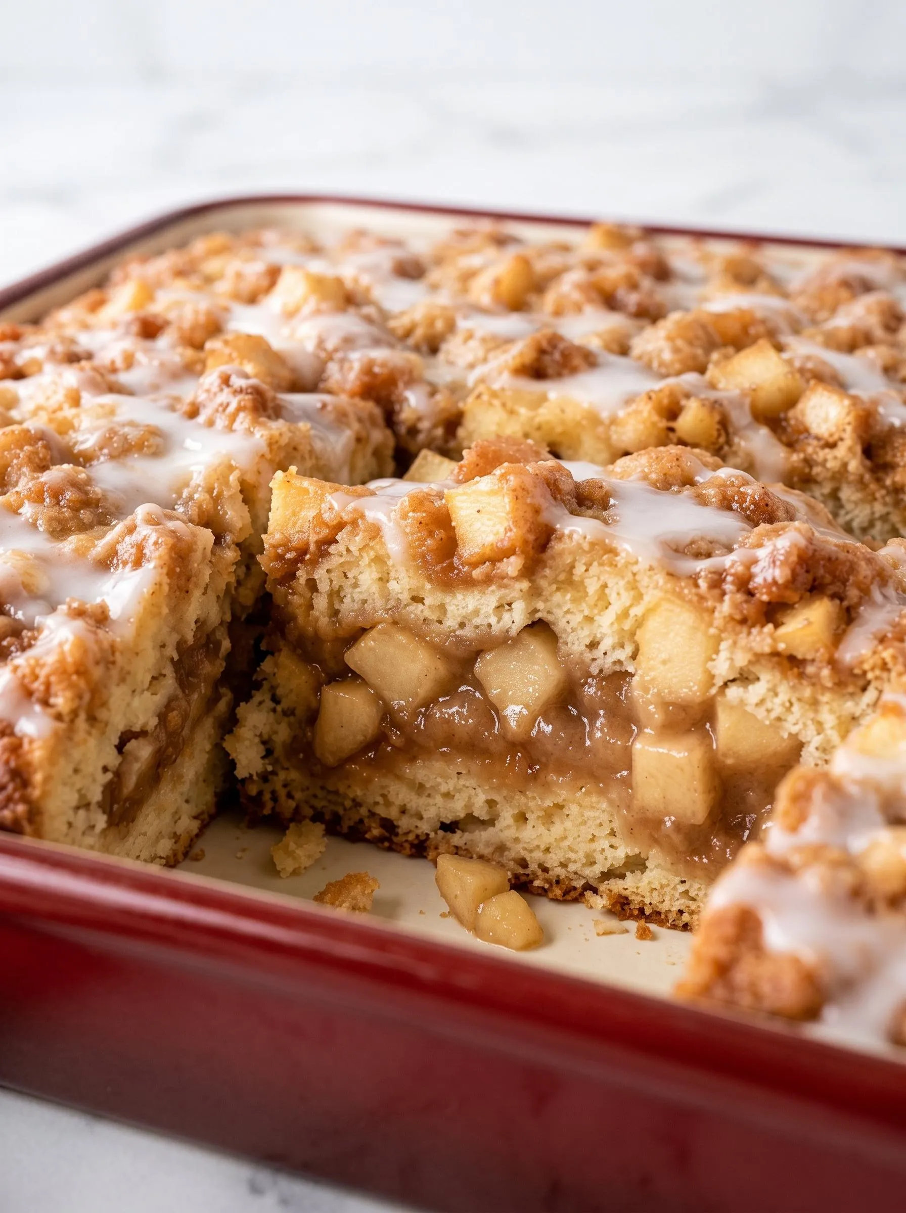 A slice of coffee cake with apple pie filling.