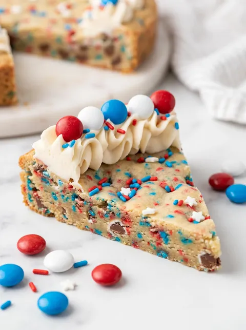A slice of a sugar cookie cake with red, white and blue frosting.