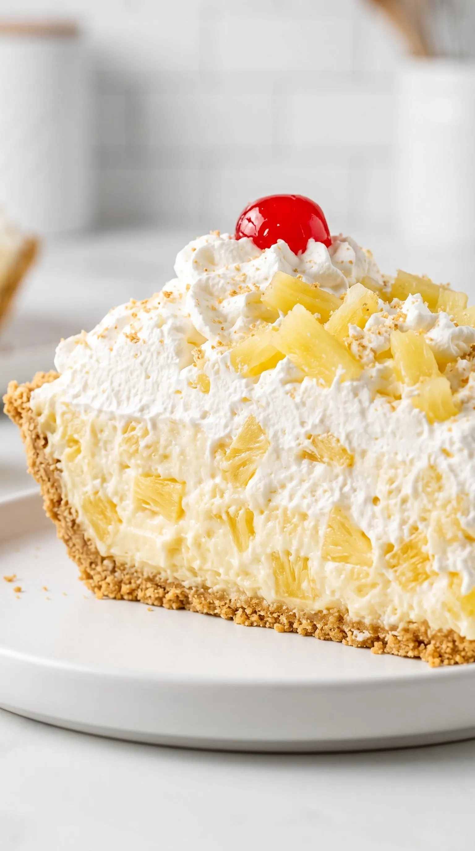 A slice of pineapple pie with whipped cream on top.