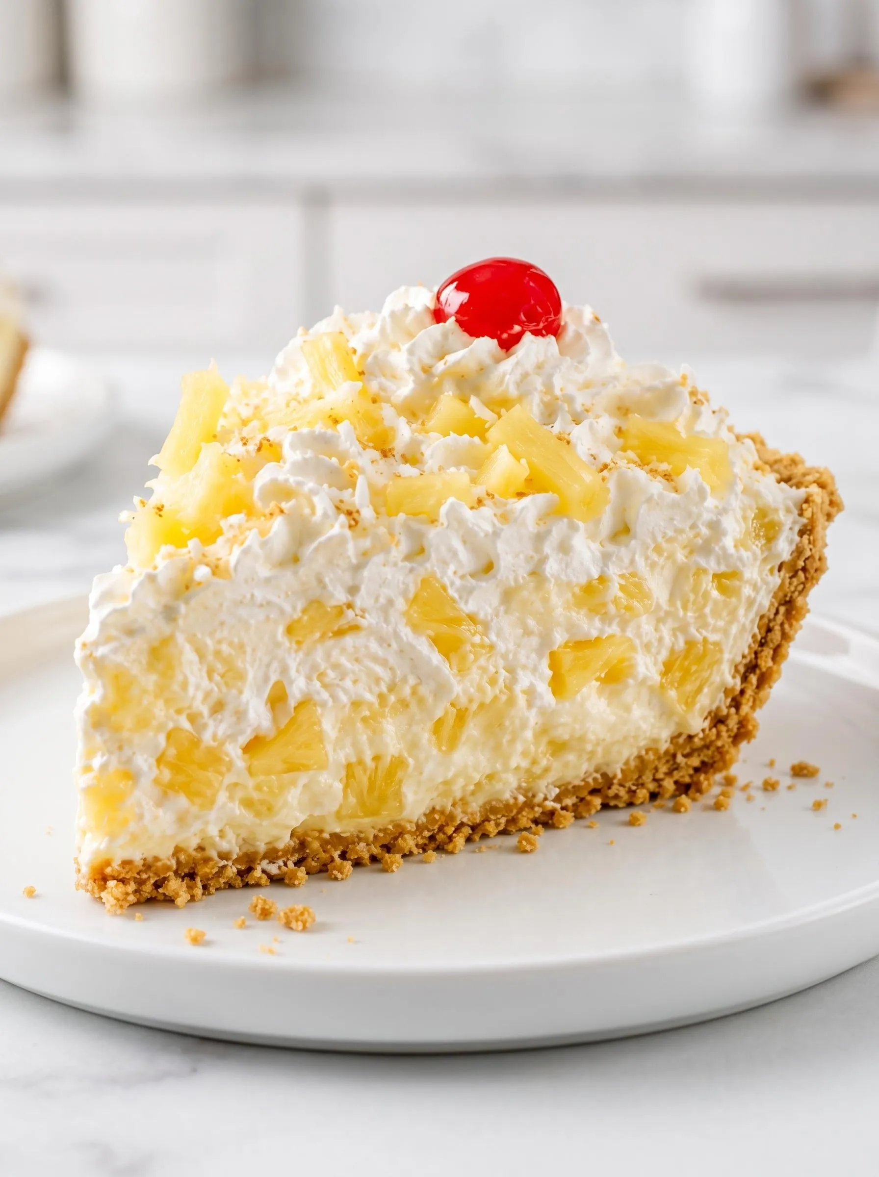 A slice of pineapple pie on a white plate.
