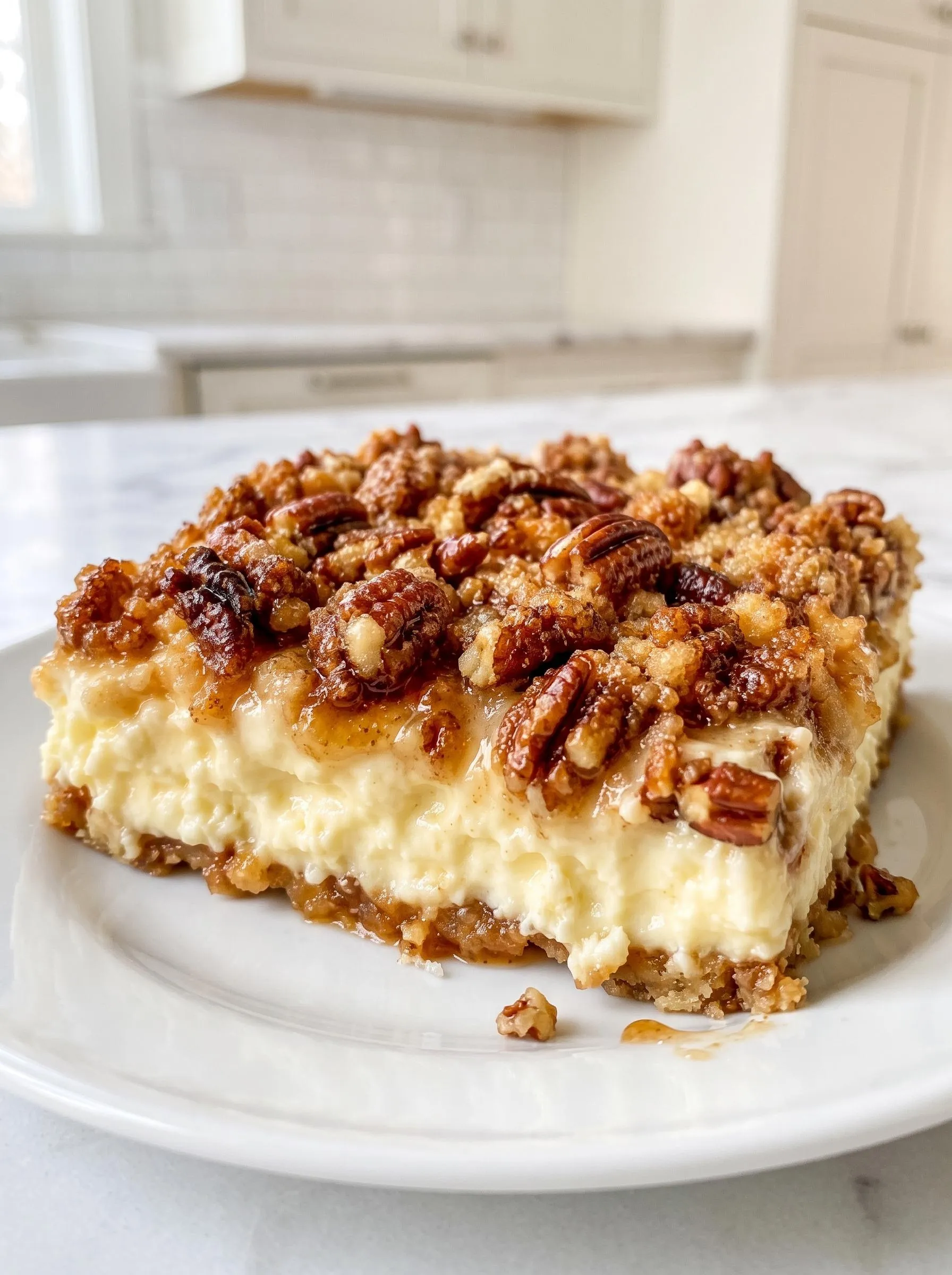 A slice of Church Lady Cream Cheese Pecan Dump Cake.