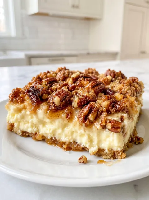 A slice of Church Lady Cream Cheese Pecan Dump Cake.