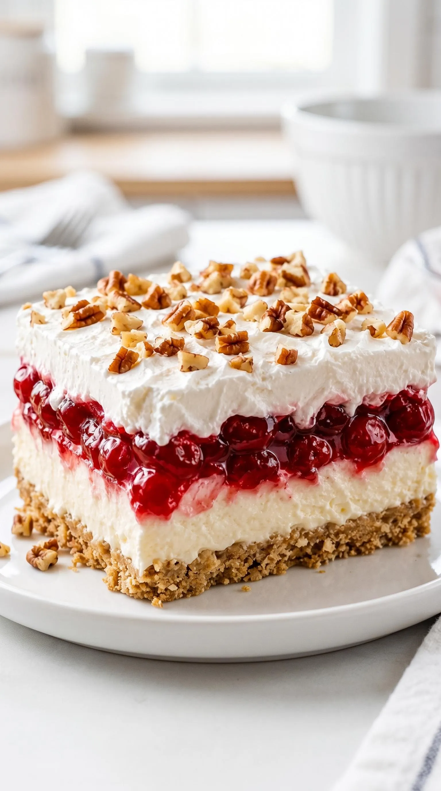 A cherry lush cake on a plate.