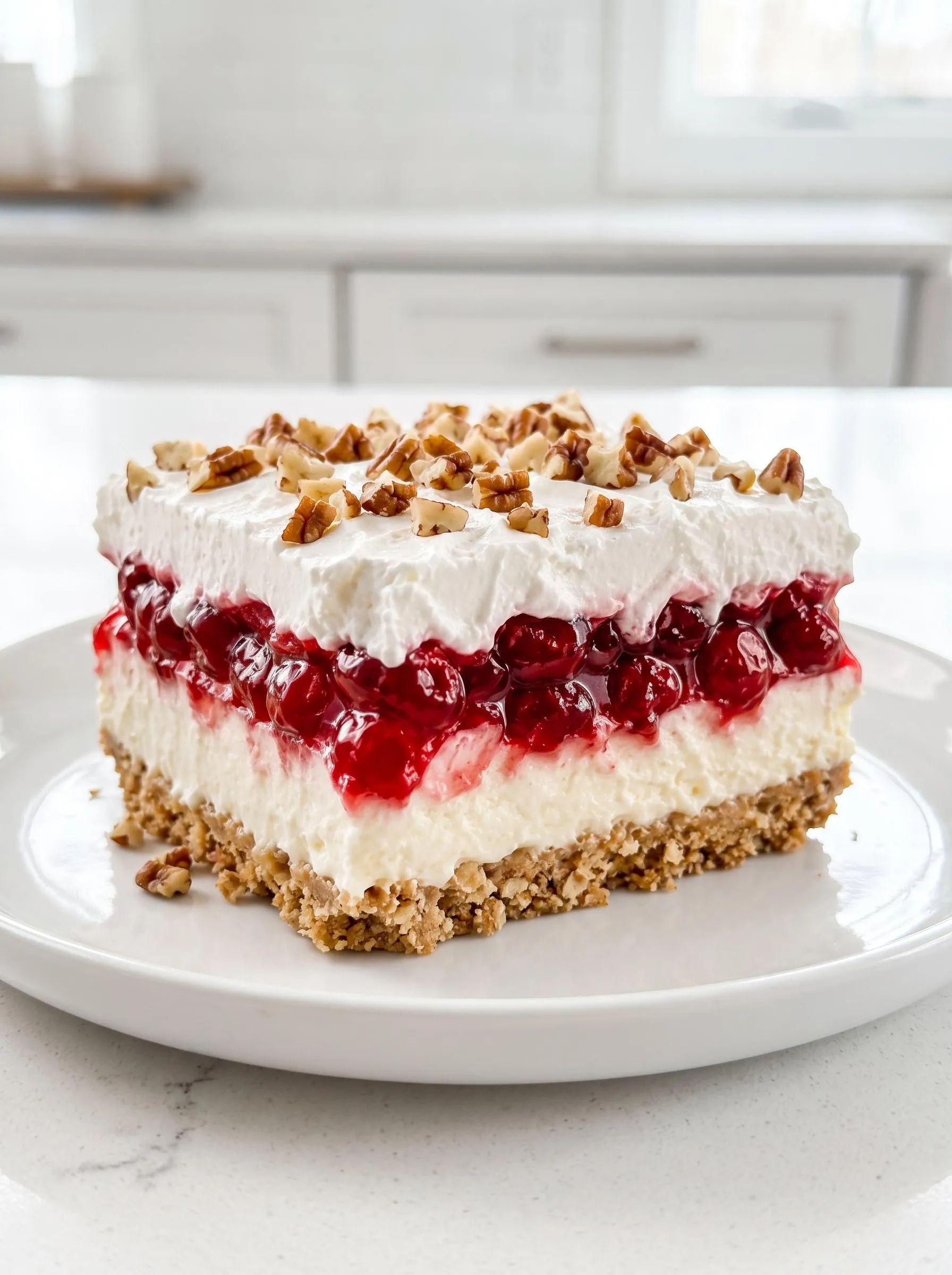 A slice of cherry lush cake.