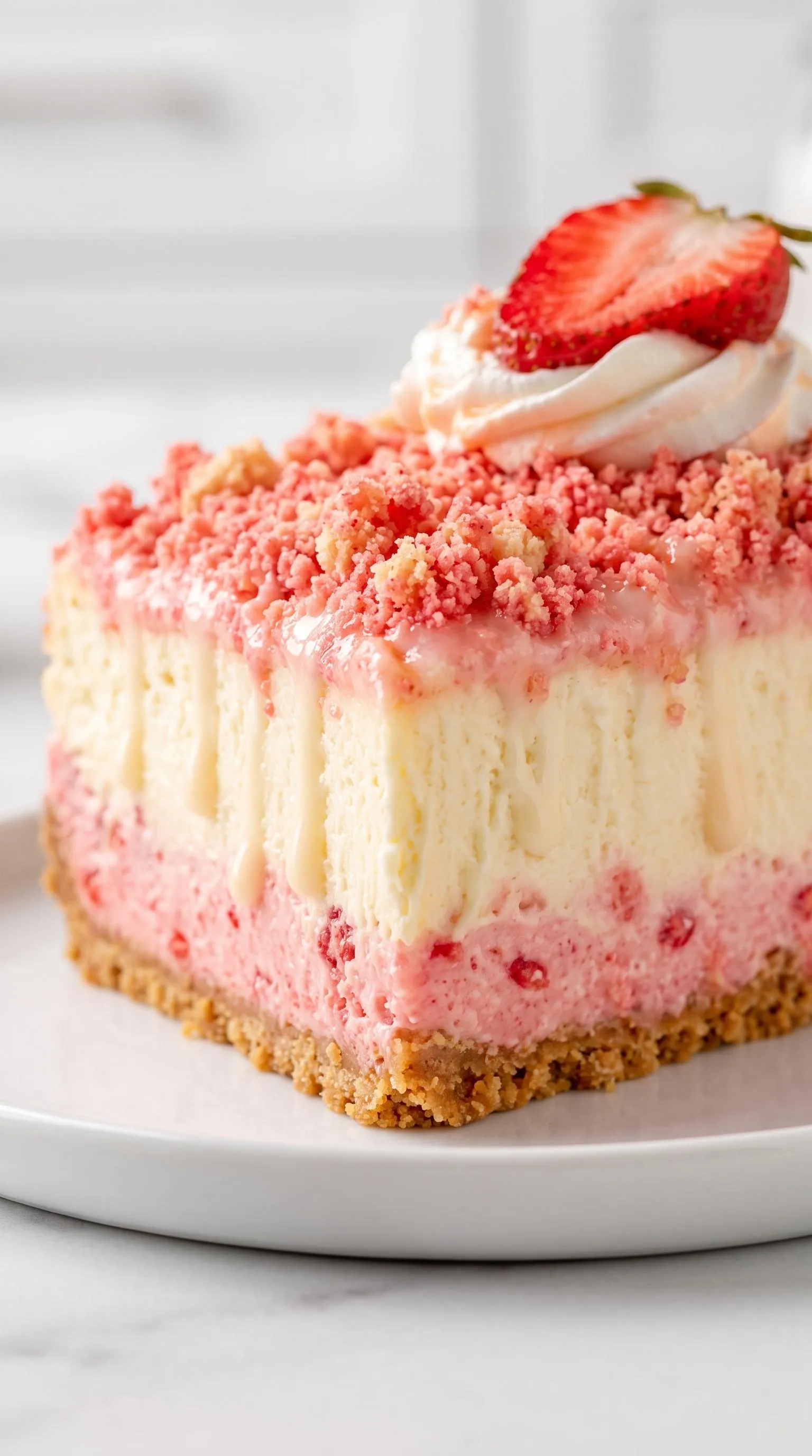 A piece of strawberry crunch cheesecake.