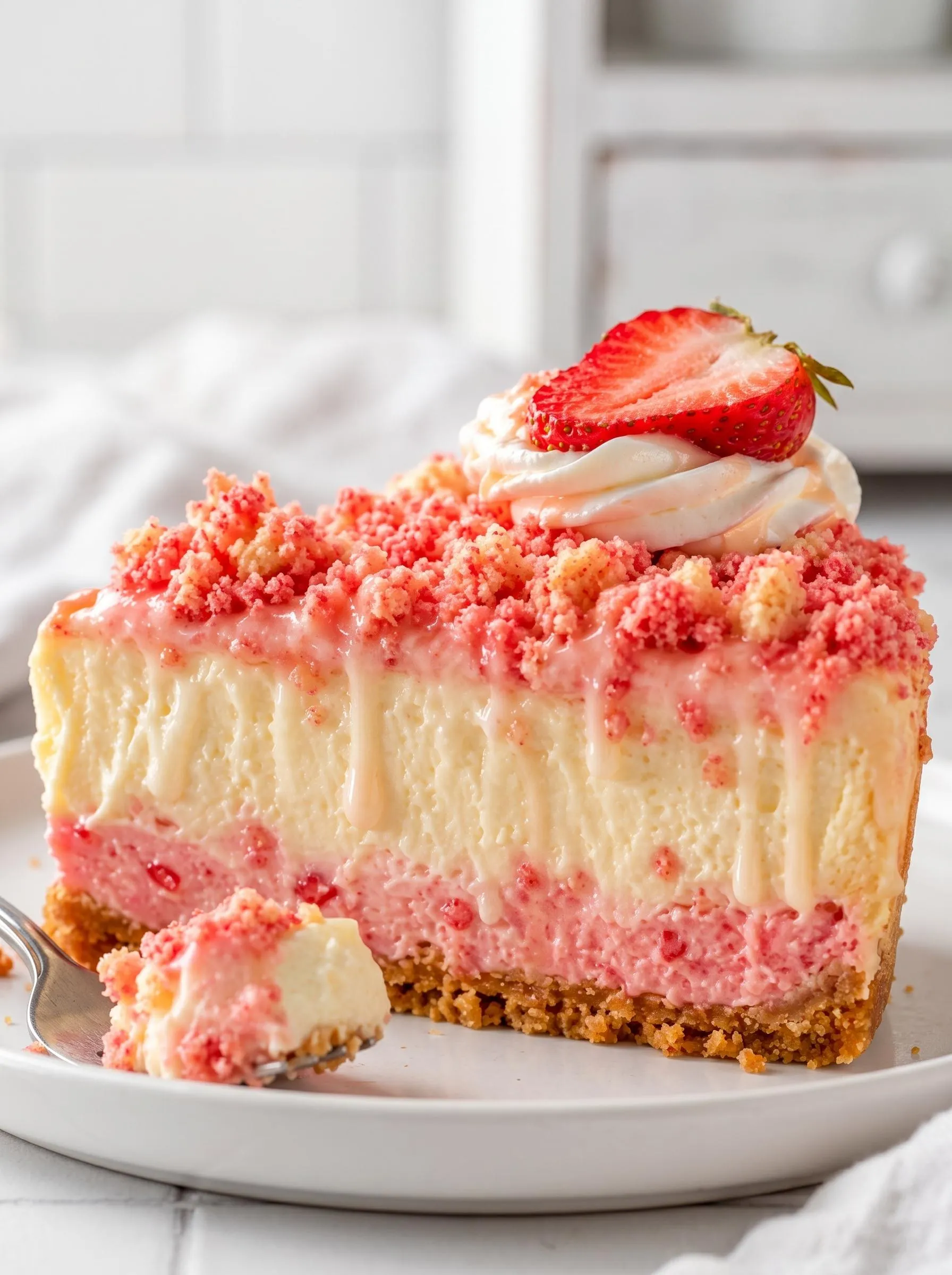 A slice of strawberry crunch cheesecake.