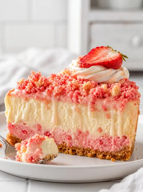 A slice of strawberry crunch cheesecake.