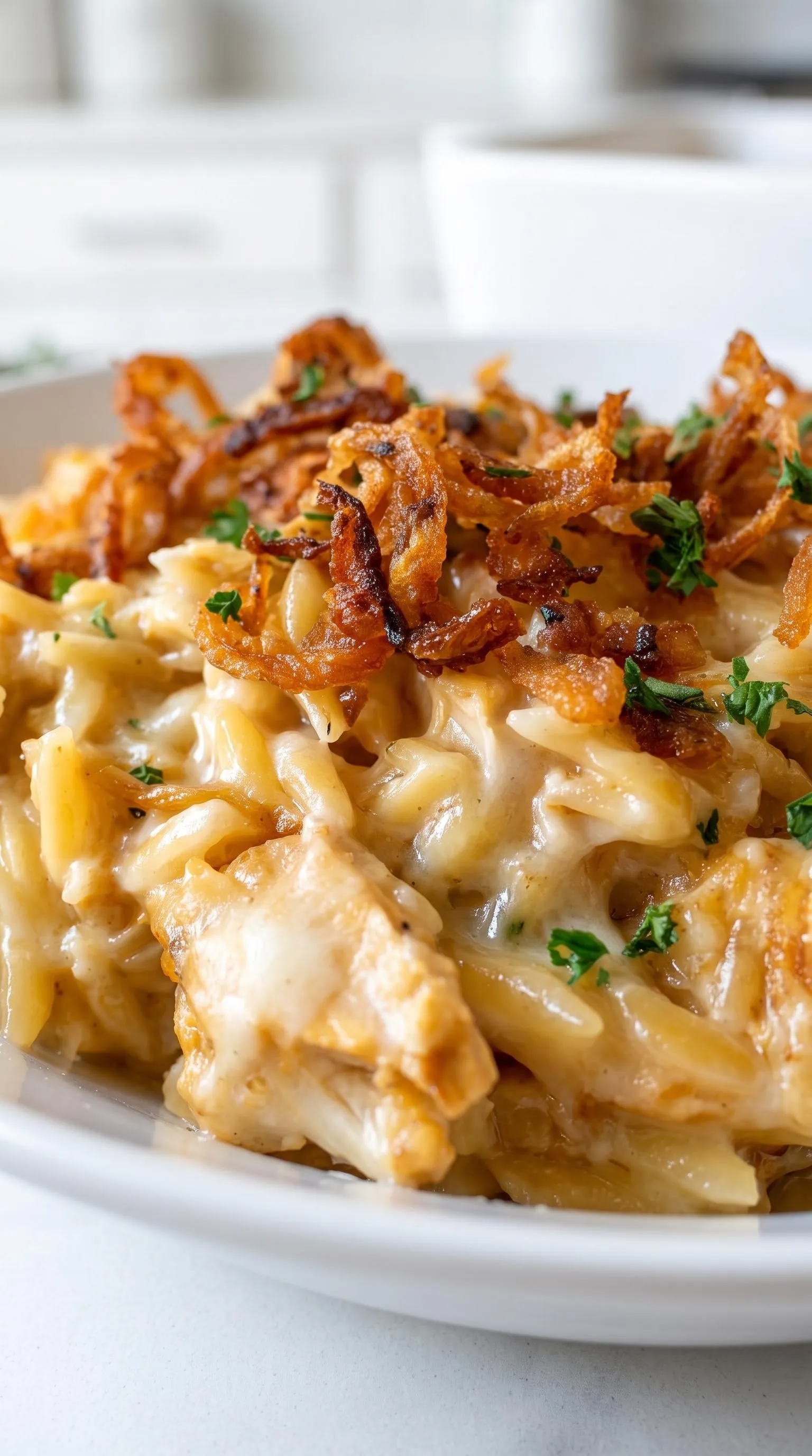 French onion chicken orzo with cheese.