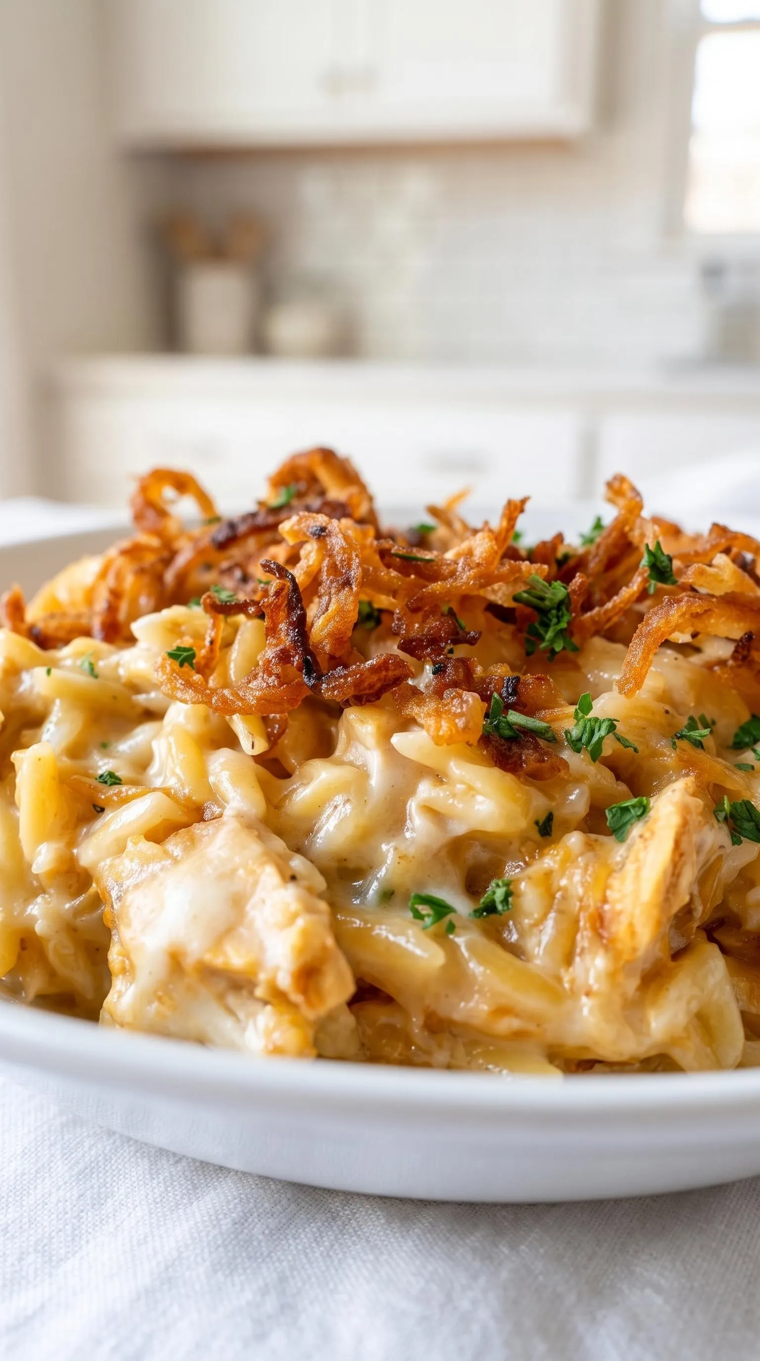 A plate of French Onion Chicken Orzo.