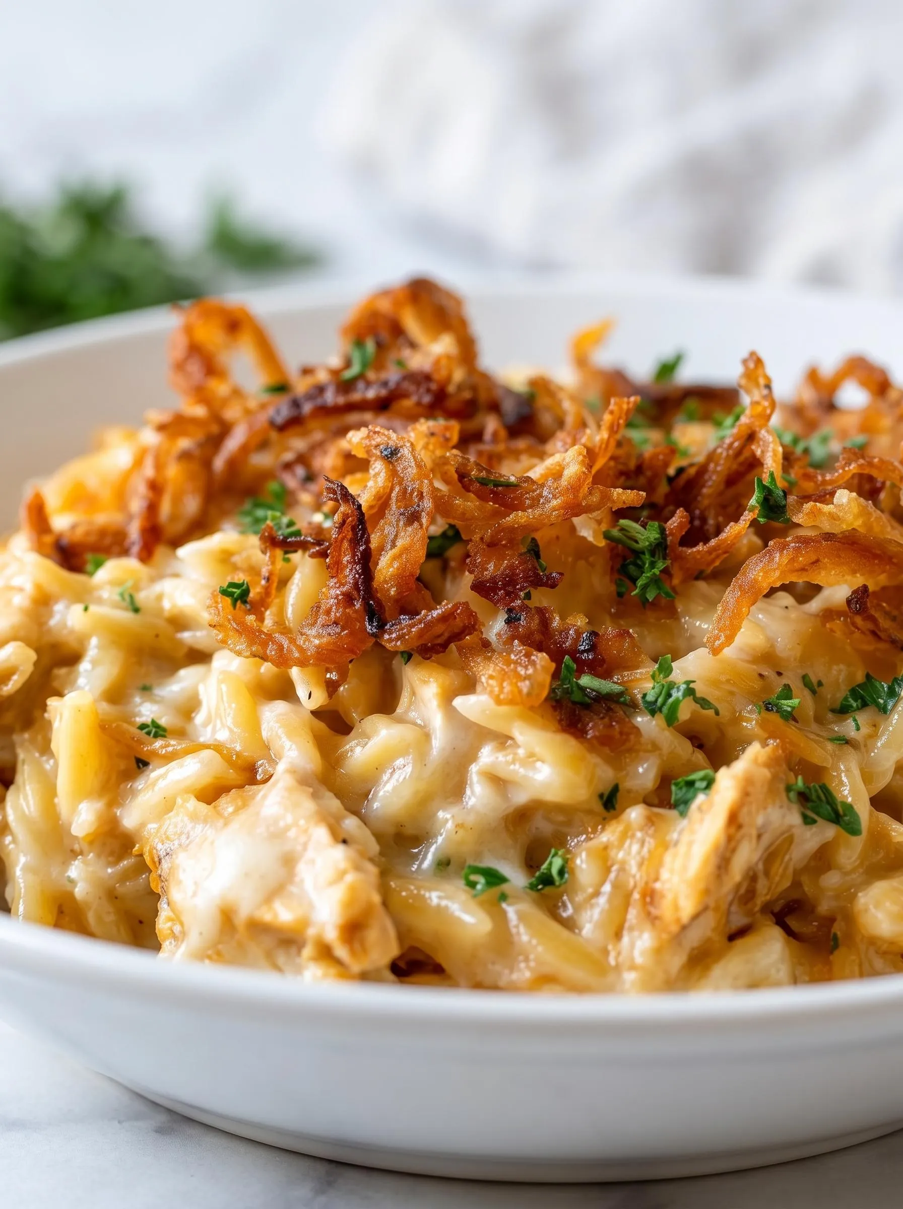 A bowl of French Onion Chicken Orzo.